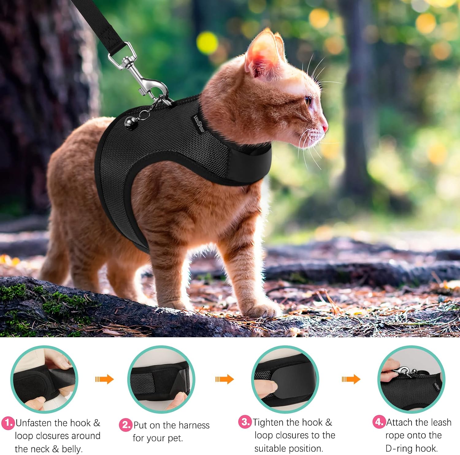 VavoPaw Cat Harness Leash Set for Walking, Adjustable Cat Rabbit Vest Harness with Reflective Strap Safety Bell Breathable Mesh for Cat Kitten Bunny Guinea Pig Small Pets, XS Size, Black