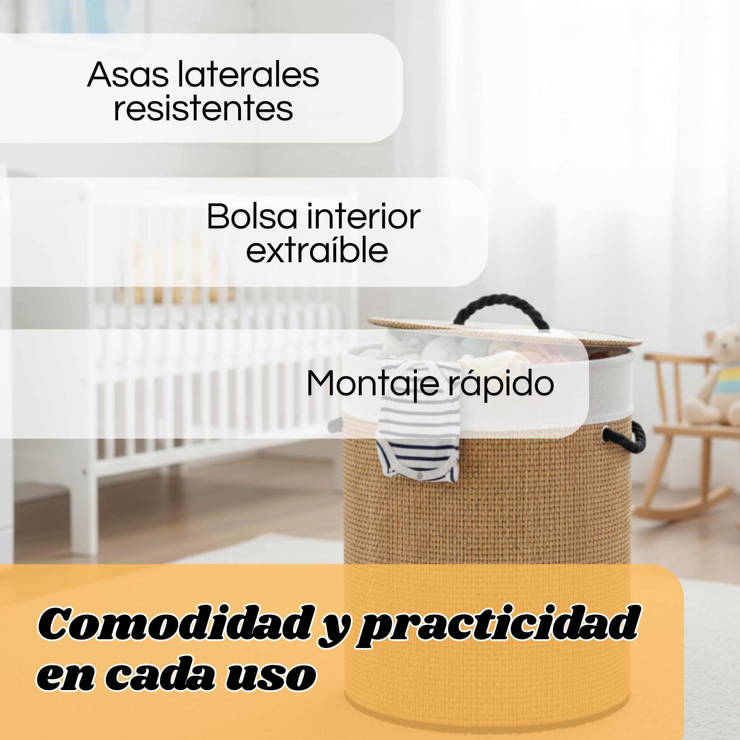 Weida Cesto de la Ropa Sucia de Bambú | Redonda con Tapa y Asas Plegable | Bolsa Extraíble y Lavable | Fácil Transporte | Diseño Natural | Para baño o Dormitorio | Color Marrón Bambú (60cm-35cm) — view 4