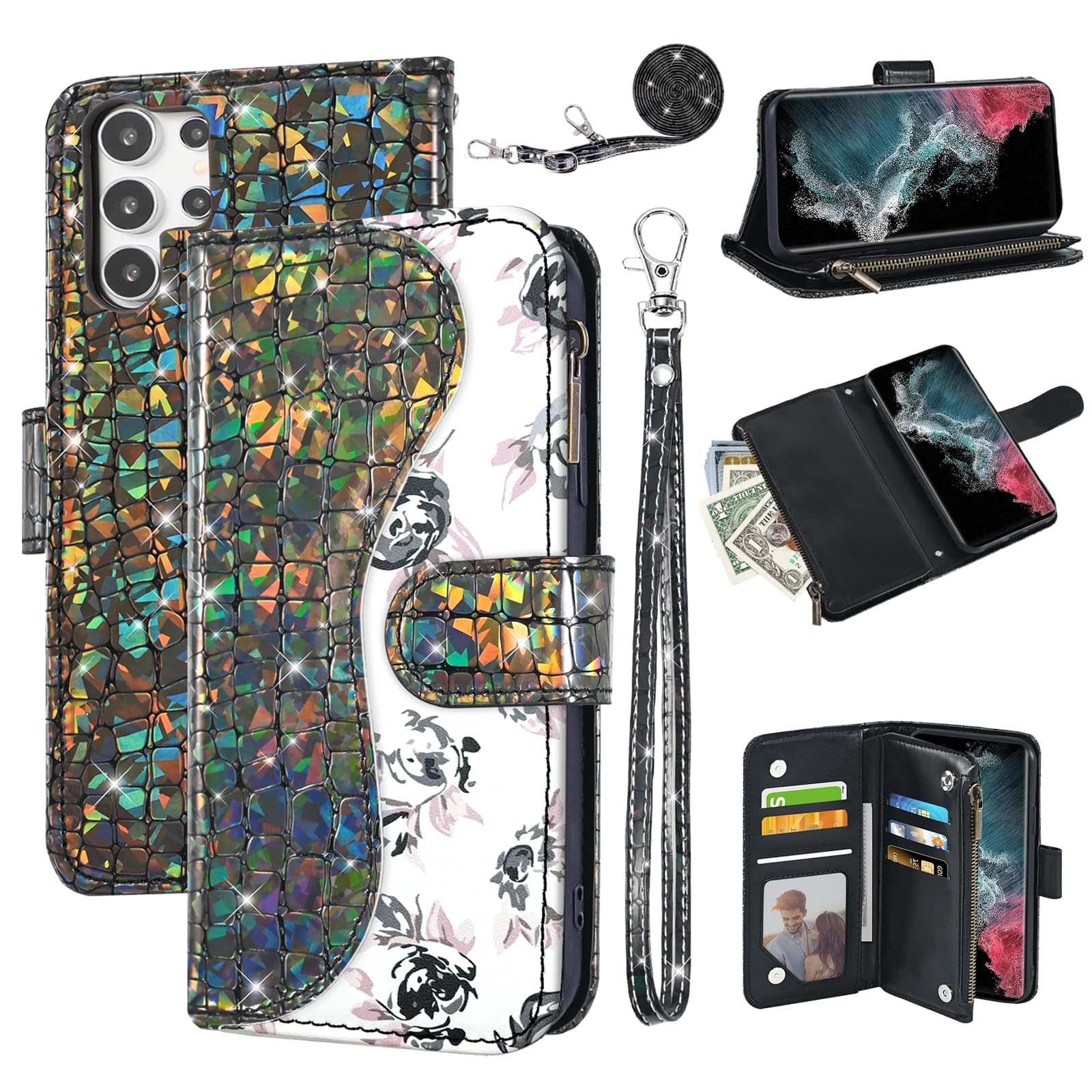 Dibosom Floral Wallet Case for Samsung Galaxy S21 Ultra 5G with Wrist Strap Shoulder Strap Flip Zipper Purse Card Holder, Stand Sparkly Glitter Cell