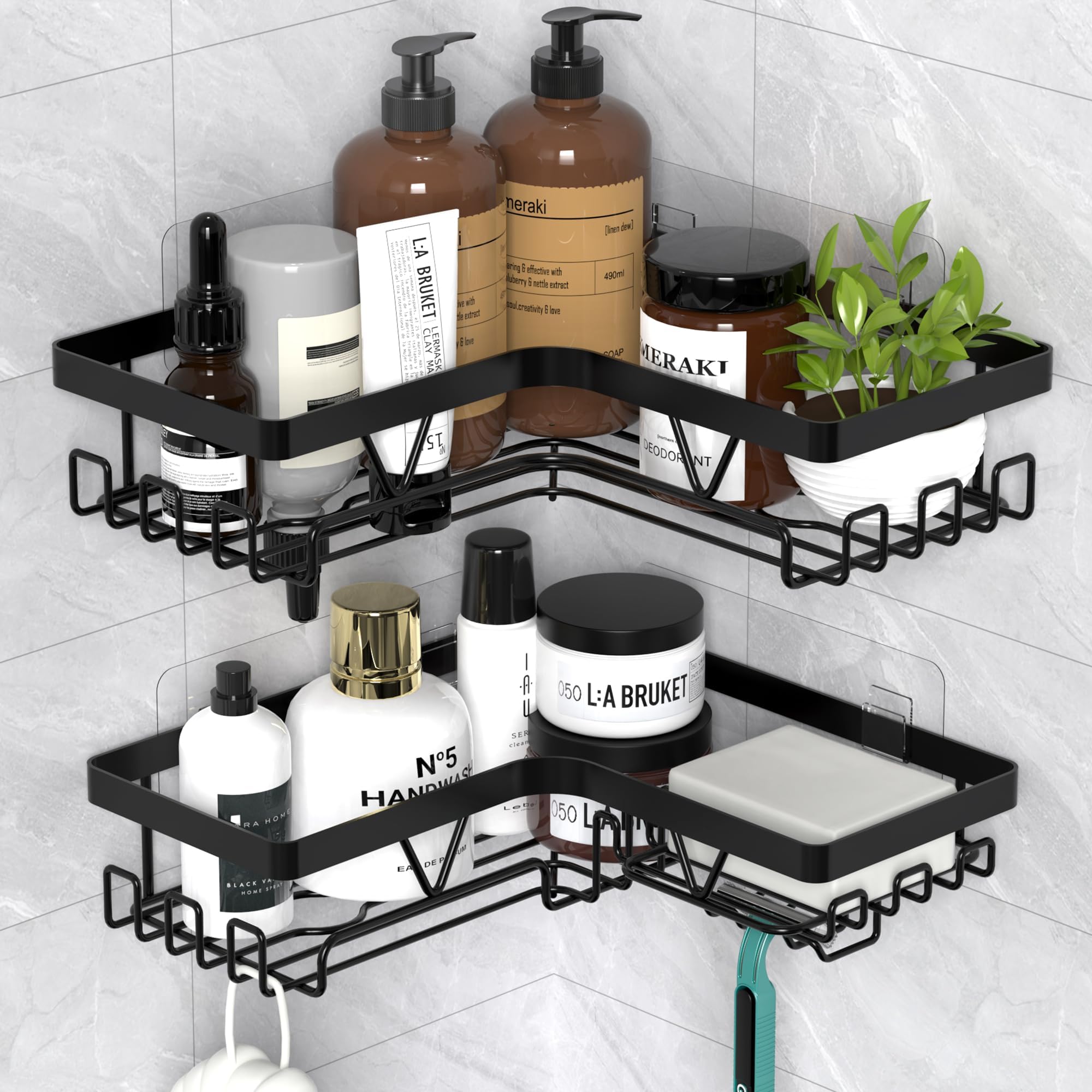 KEGII 2 Pack Corner Shower Caddy, Black Modern Style, 2 Shelves, No Drilling Wall Mount, Stainless Steel Shower Organizer