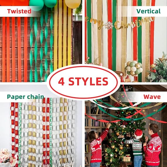 PIGETALE 8 Rolls Crepe Paper Craft Streamers 656ft Green Red Gold White Crepe Paper Roll Streamer Curtain Backdrop Hanging Tassels for Birthday Wedding Christmas Festival Party Decor (4.5CMx25M/Roll)