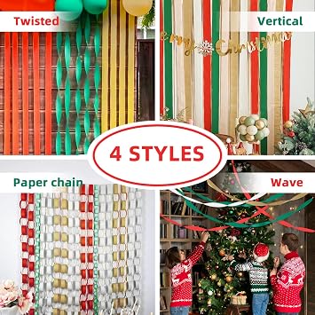PIGETALE 8 Rolls Crepe Paper Craft Streamers 656ft Green Red Gold White Crepe Paper Roll Streamer Curtain Backdrop Hanging Tassels for Birthday Wedding Christmas Festival Party Decor (4.5CMx25M/Roll)
