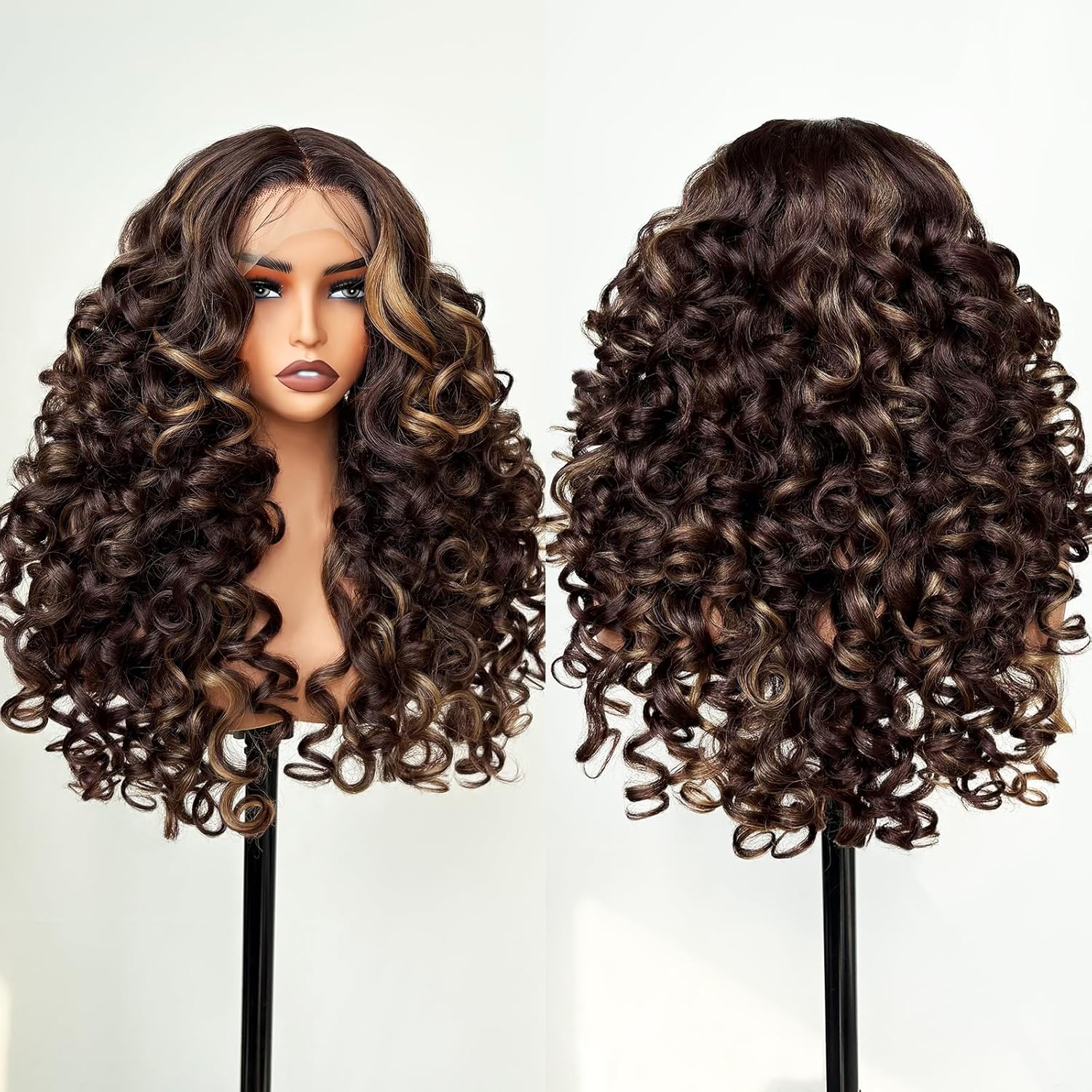 Curly Lace Front Wig Pre Plucked Middle Part Closure Wigs 22 Inch Brown Mix Dark Blond Pre Cut Synthetic wigs 4A curls hair textures Wear And Go Long Glueless Curly Wig for Women