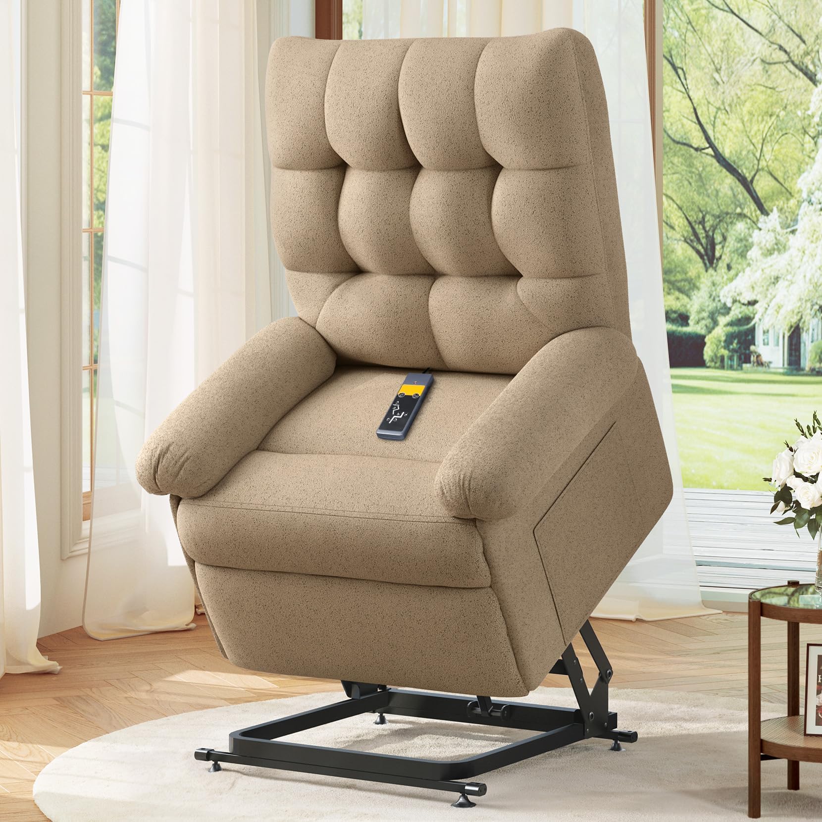 Power Lift Recliner Chair for Elderly, Triple Motor Lift Chair with Infinite Position, Electric Stand Assist for Seniors, Single Sofa with Side Pockets for Living Room, Beige-Brown
