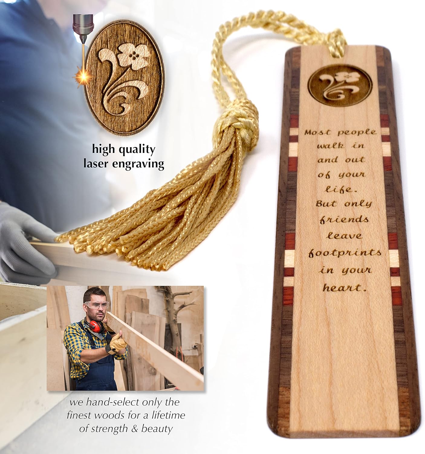 Personalized Friends Leave Footprints in Your Heart Quote, Engraved Wooden Bookmark - Made in USA - Also Available Without Personalization