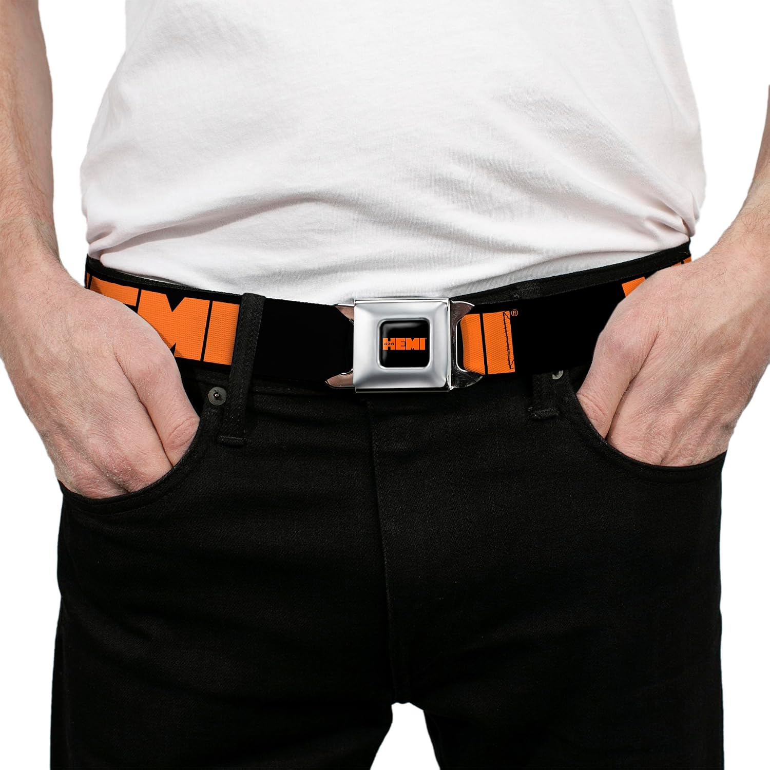 Hemi Belt, Seatbelt Buckle Belt, Hemi 426 Logo Repeat Black Orange, 44 to 63 Inches