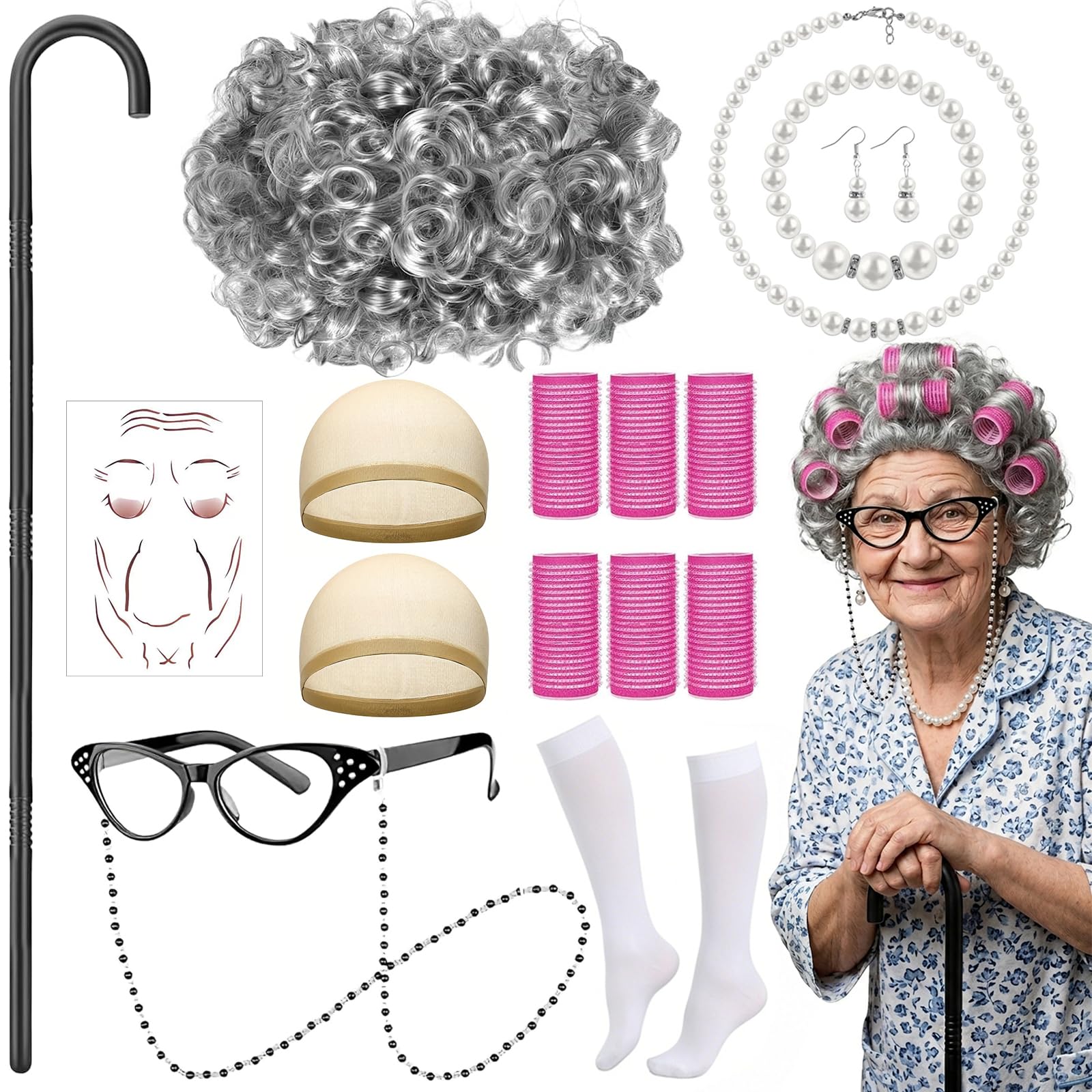 17PCS Old Lady Costume Set for Women, Grandma Fancy Dress Kit with Granny Wig Hair Curlers Glasses Eyeglass Chain Cane Pearl Jewellery Socks Wrinkle Tattoos for Halloween Carnival Cosplay Masquerade