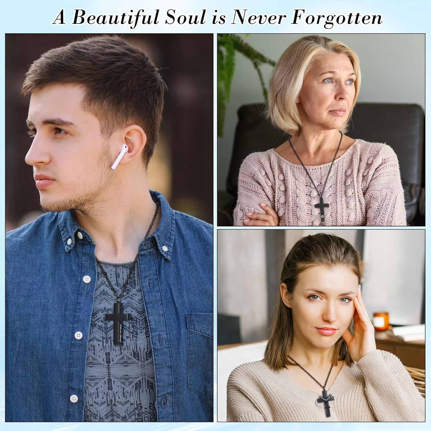 Yinkin 8 Pcs Urn Necklace for Ashes Cremation Cross Necklace Stainless Steel Cremation Jewelry Ashes Memorial Jewelry for Men Women (Black)