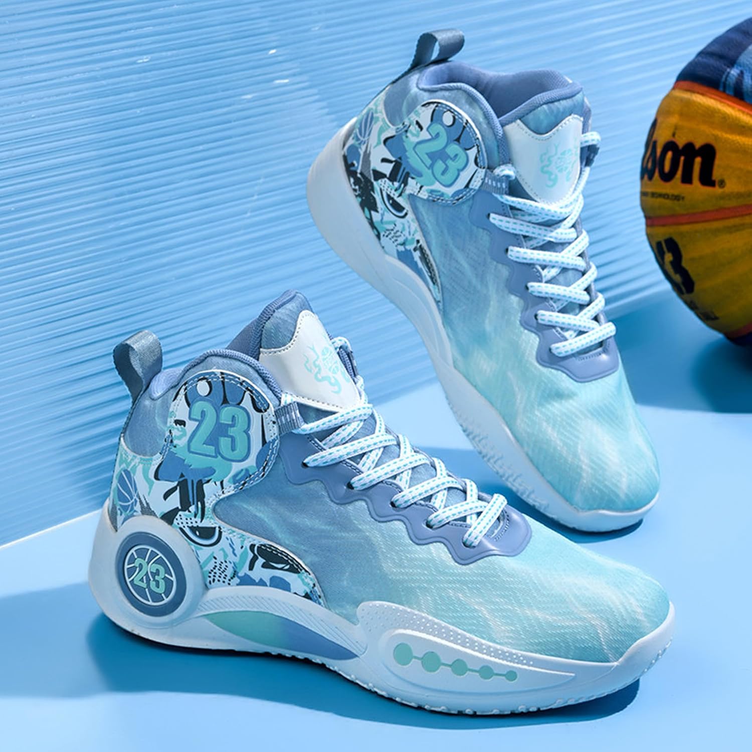 Men's High-Top Basketball Shoes Anti-Slip and Wear-Resistant Soles Running Shoes Graffiti Design Fashionable Sports Shoes