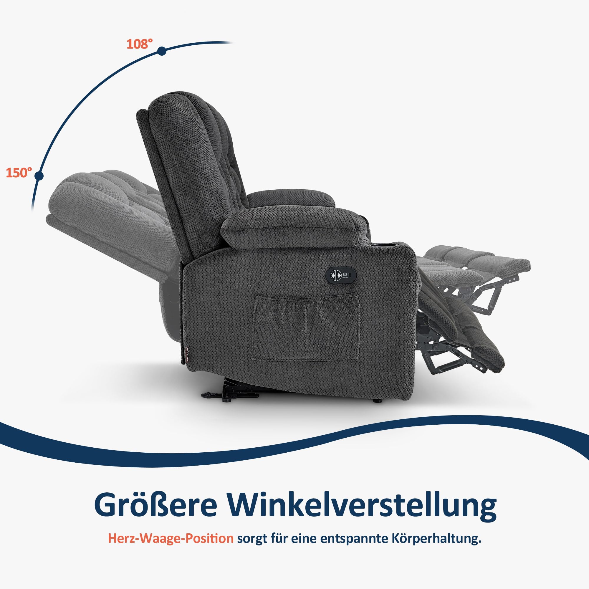 M MCombo Canapé électrique 3 Places avec Fonction Sommeil, canapé Relax 3 Places avec Bouton réglable à 150°, Chaise de cinéma avec Fonction inclinable, USB & Porte-gobelet, 7009 (Gris)
