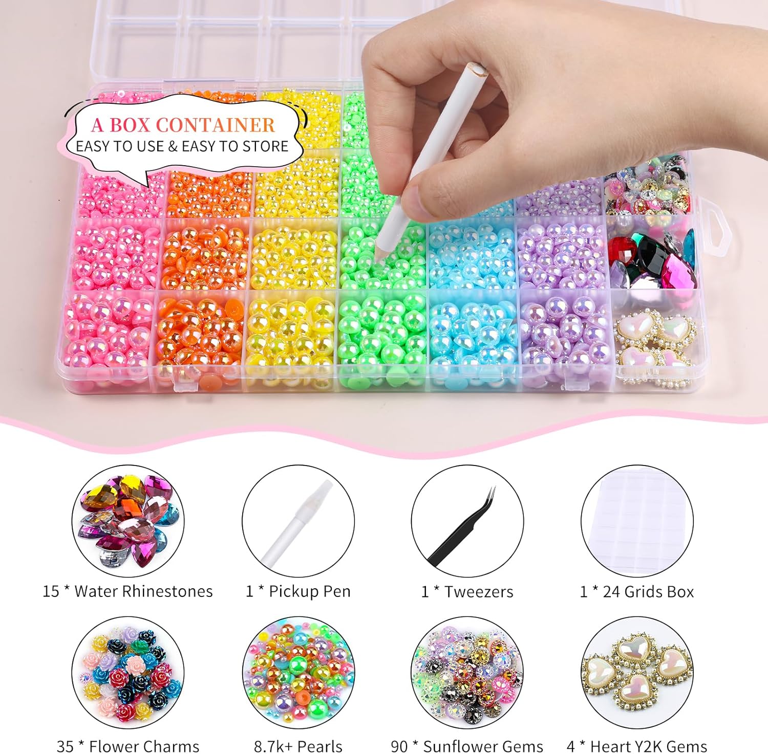 8900PCS Rainbow Flatback Pearls Set, 3D Flower Charms Teardrop Heart Gems Pink Purple Blue Half Round Pearls Bedazzling Bead with Tweezer Pickup Pen for Nail Art Wedding Tumbler DIY Crafts - Image 2