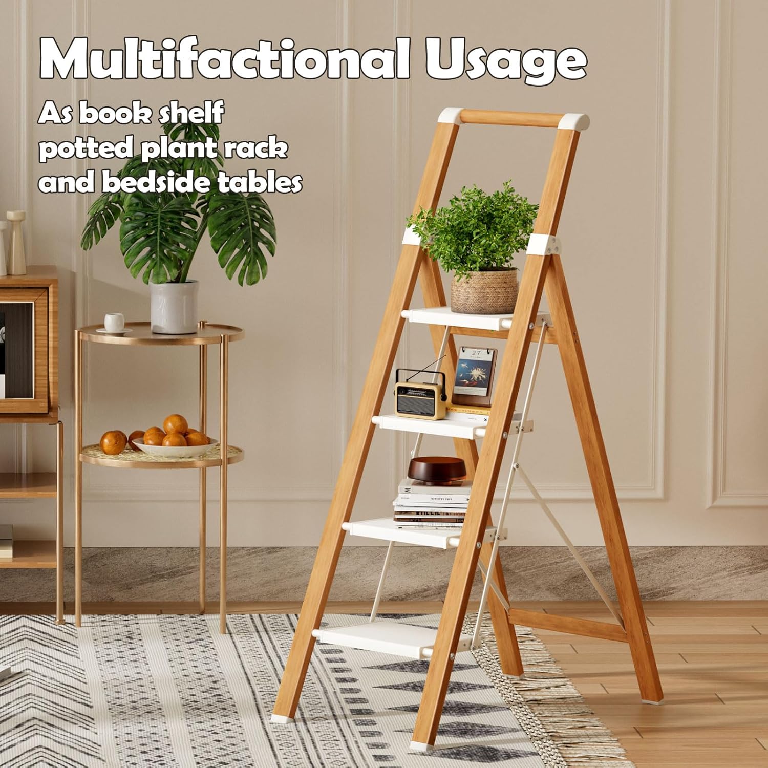 Taranta 4 Step Ladder, Portable Folding Ladder with Wide Pedal, Lightweight Aluminum Step Stool with Convenient Handgrip, 330 lbs Capacity Stepladder for Home, Office - White Woodgrain