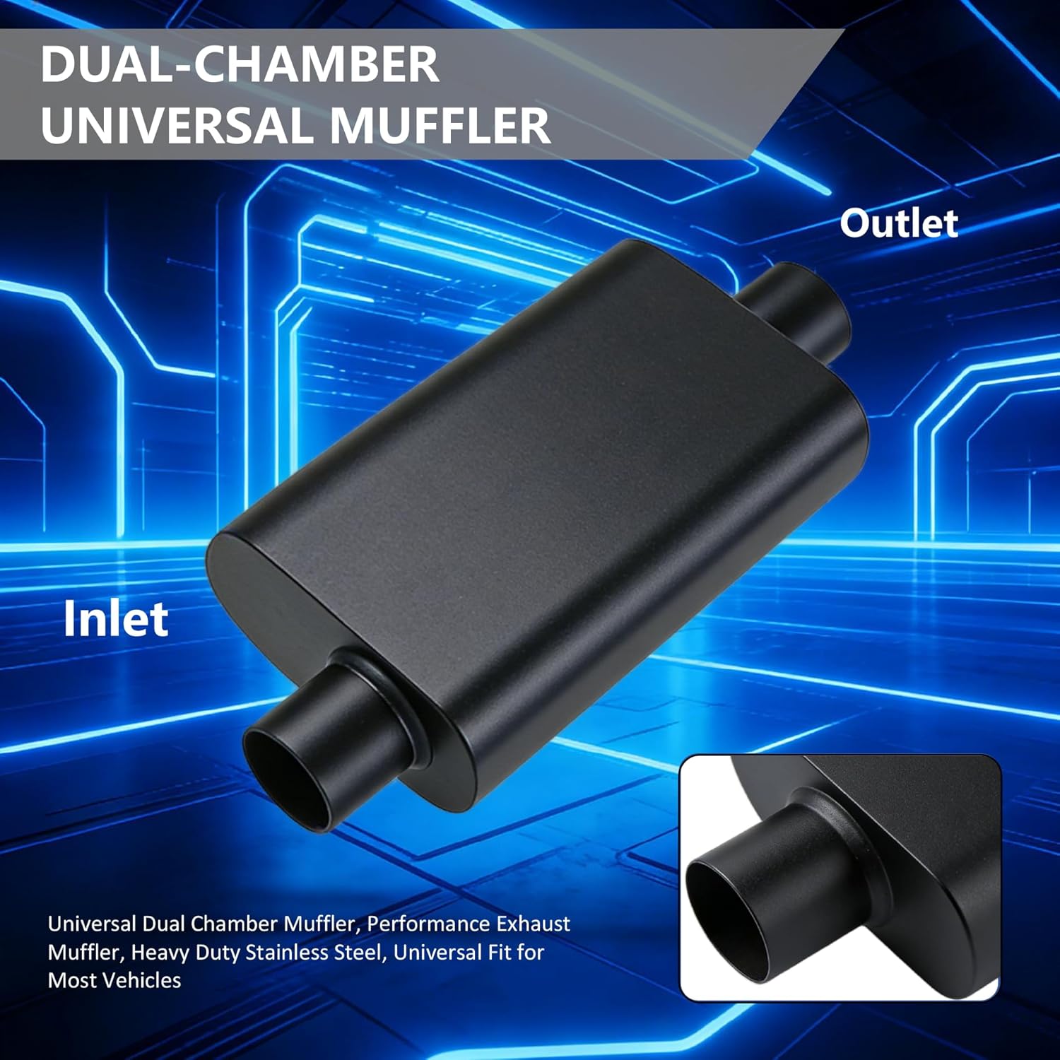 Universal 2.5-Inch Offset In/Center Out Out Dual Chamber Performance Muffler, 17.3-Inch Total Length, Black High-Temp Paint