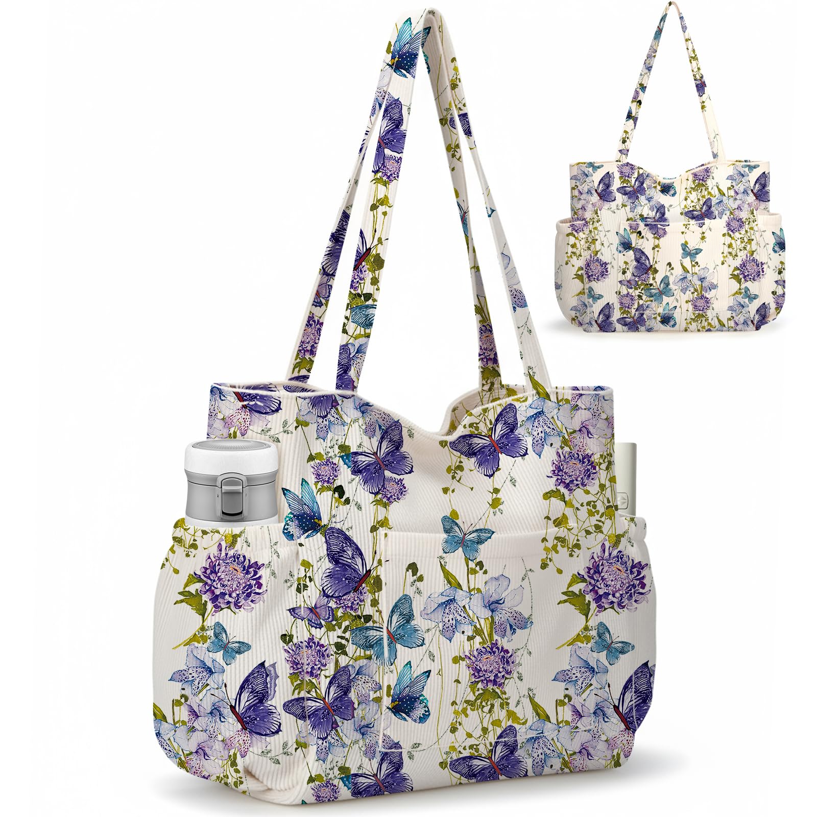 Corduroy Tote Bag for Women,Large Capacity Cute Tote Bags With 6 Pockets,Crossbody Shoulder Handbag for Work Travel Gym Purple Butterfly