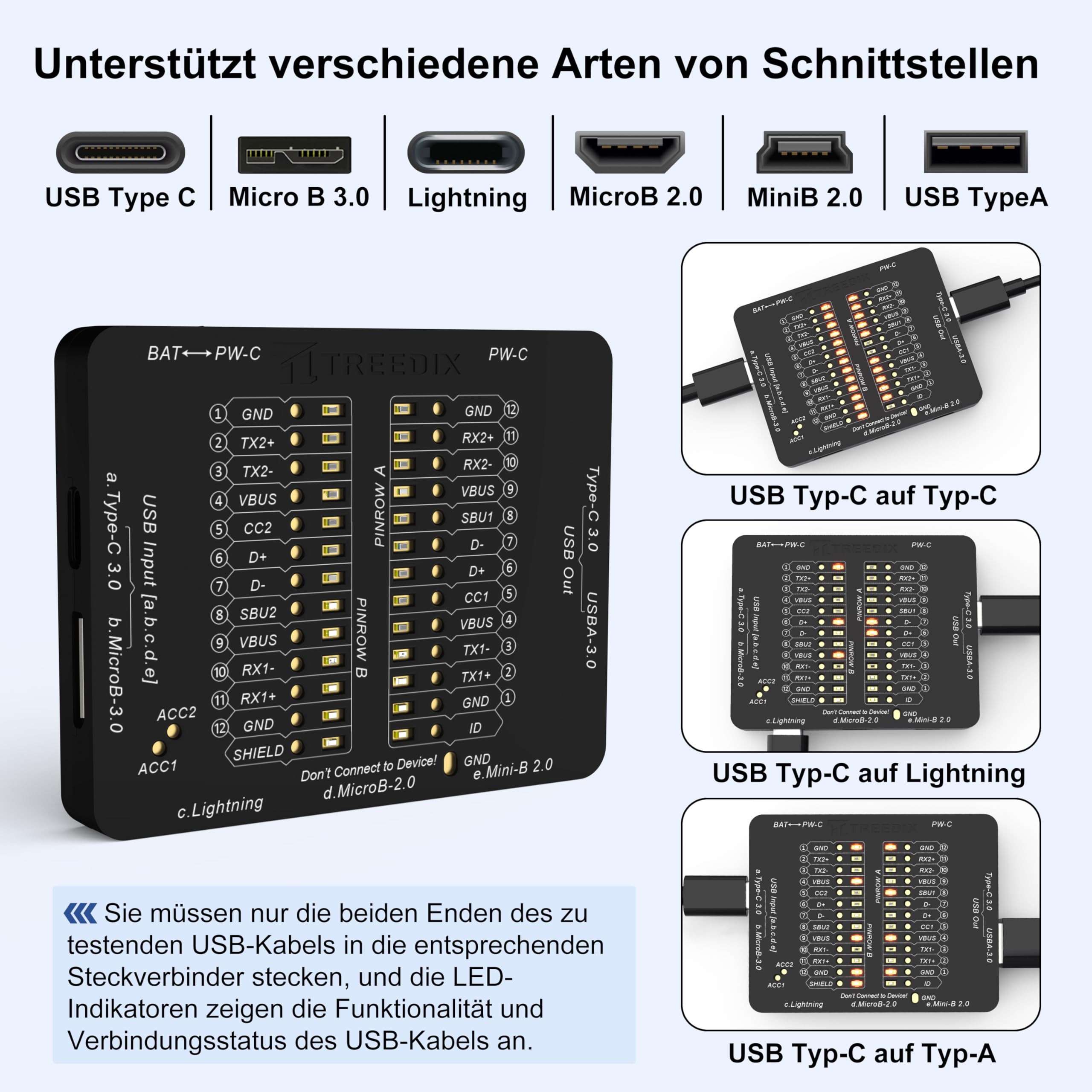 Treedix USB Kabeltester USB-C-Kabeltester Datenkabeltester Prüfplatine, USB Tester für Type-C, USB-A 3.0, Micro-B 3.0, Micro-B 2.0, Mini-B 2.0 sowie für Lightning-Kabel indem Sie die LEDs überprüfen