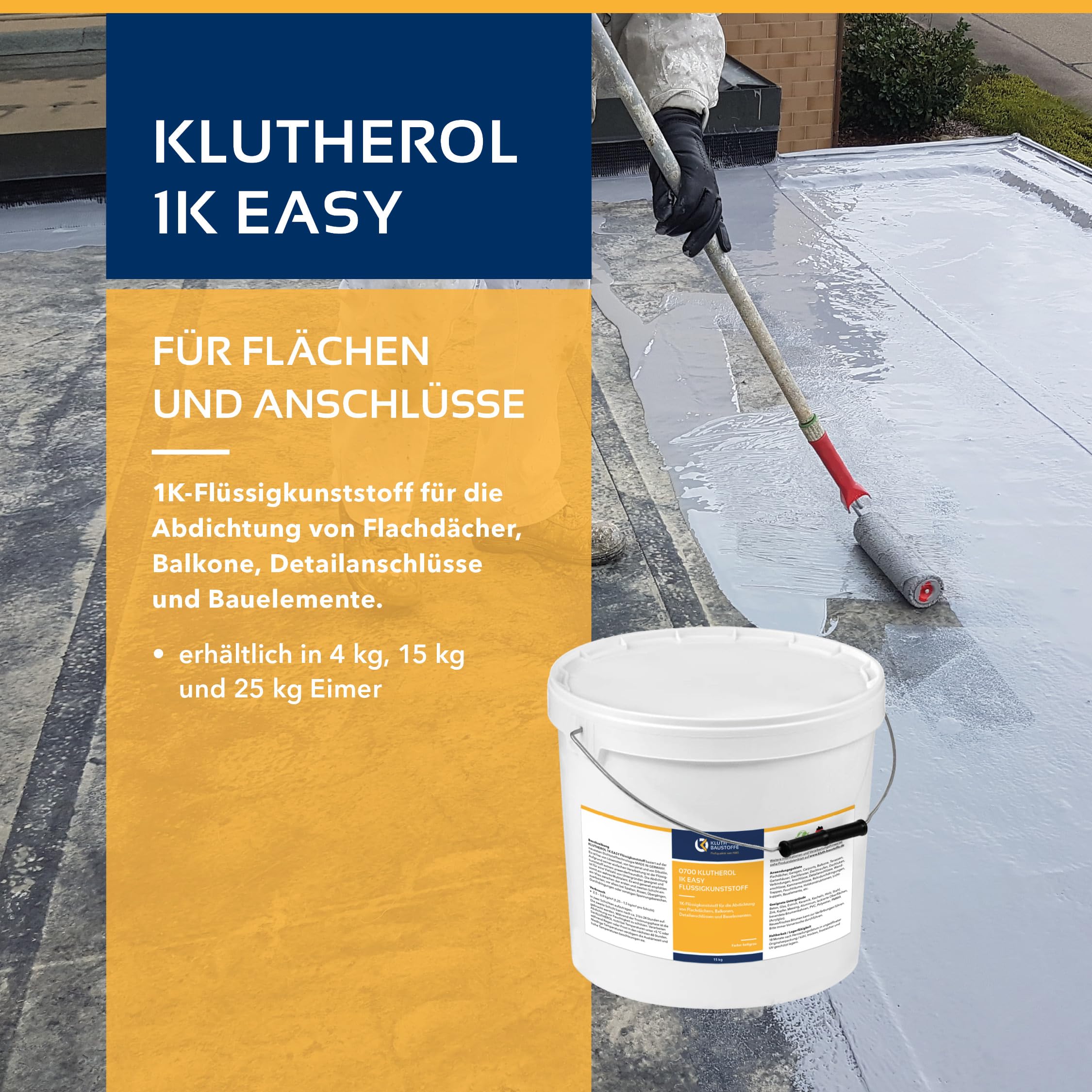 Flüssigkunststoff 1K KLUTHEROL Easy Abdichtung - 4KG zur Abdichtung von Flachdächer, Balkone, Detailanschlüsse und Bauelemente