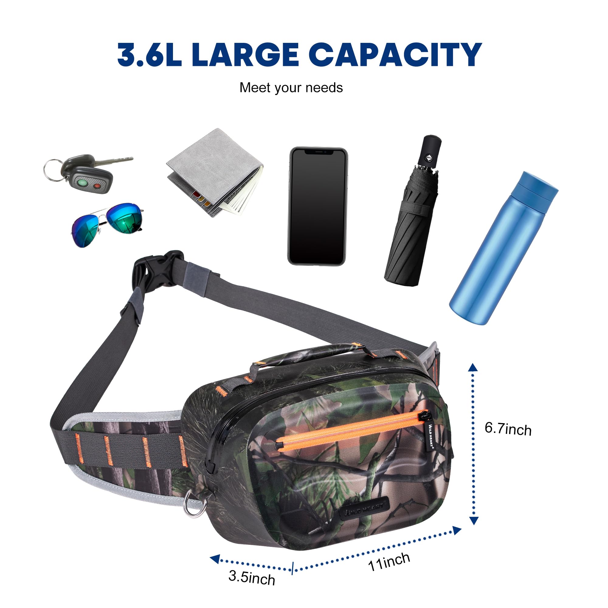 WILD HEART Luya - Marsupio ermetico impermeabile 3D, 3,6 l, in TPU, per kayak, rafting, canottaggio, nuoto, campeggio, escursionismo, spiaggia, pesca (verde militare)