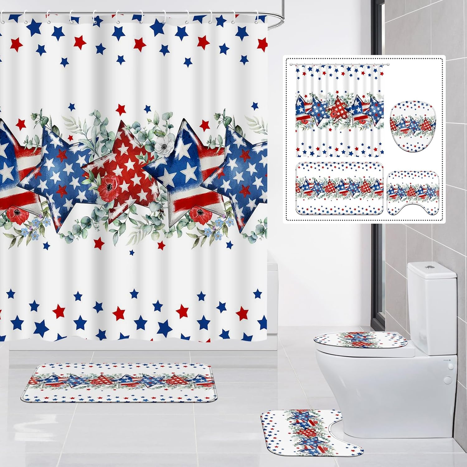 4 Pcs Independence Day Shower Curtain Set, Patriotic Star Bathroom Set with Rugs, U-Shaped Mat, Toilet Lid Cover, Red White and Blue Bath Decor with 12 Hooks