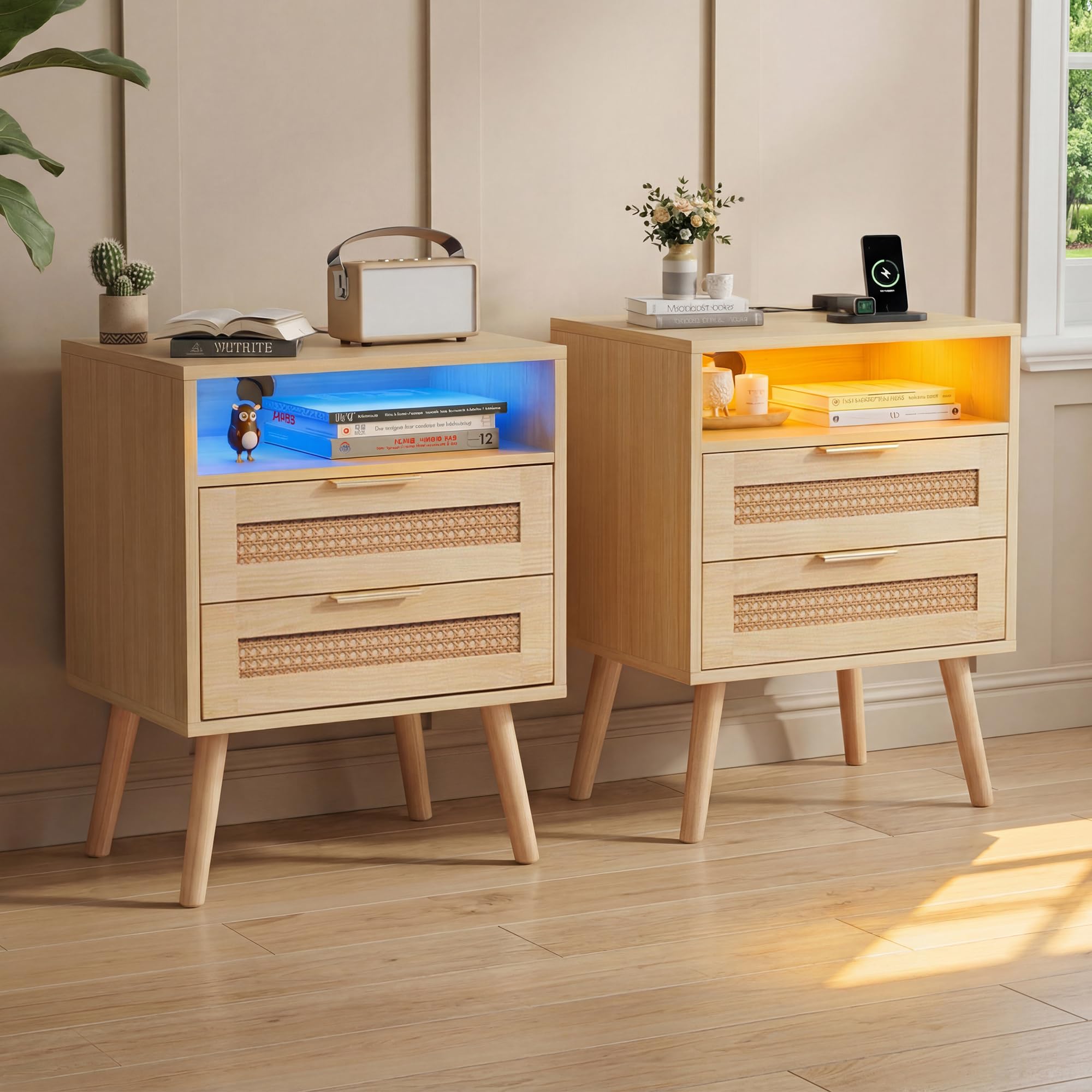 Drijvend nachtkastje set van 2 moderne nachtkastjes met lade en open plank cubby klein nachtkastje eindtafel met laadstation wandgemonteerde nachtkastjes set 2 voor slaapkamer natuurlijk