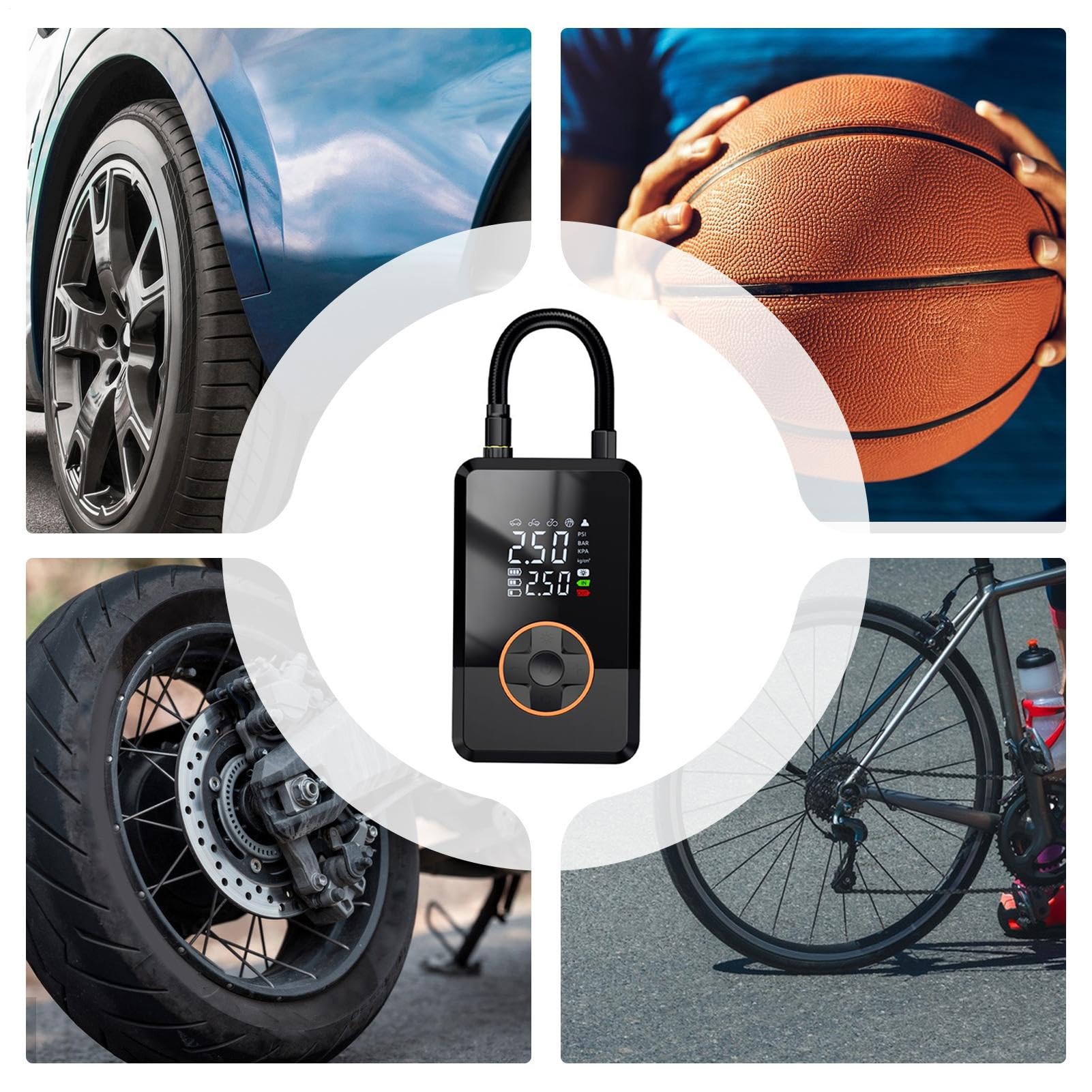 Gonfiapneumatici Portatile Strumento di Gonfiaggio Rapido da 9 Bar | Pompa Aria Portatile per Auto Bicicletta Moto Pallone Da Basket Suv Berlina Camion Principianti Professionisti