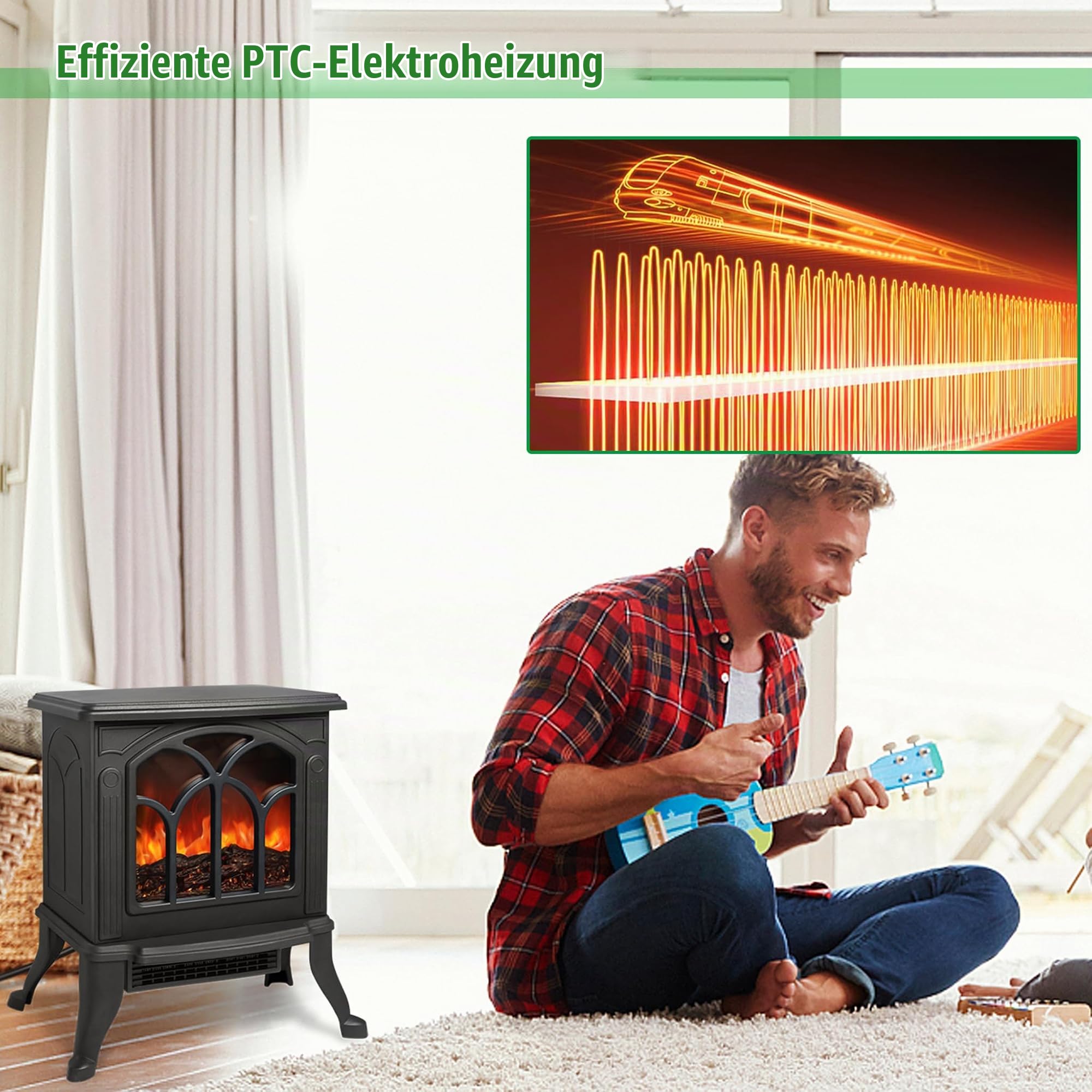 Elektrokamin mit LED Flammeneffekt Kaminfeuer Freistehend Elektrische Kamine 2 Heizstufen Einstellbare Kaminofen 750W/1500W Elektro Heizungen Geräuscharm Dekokamin für Wohnzimmer & Innenräume
