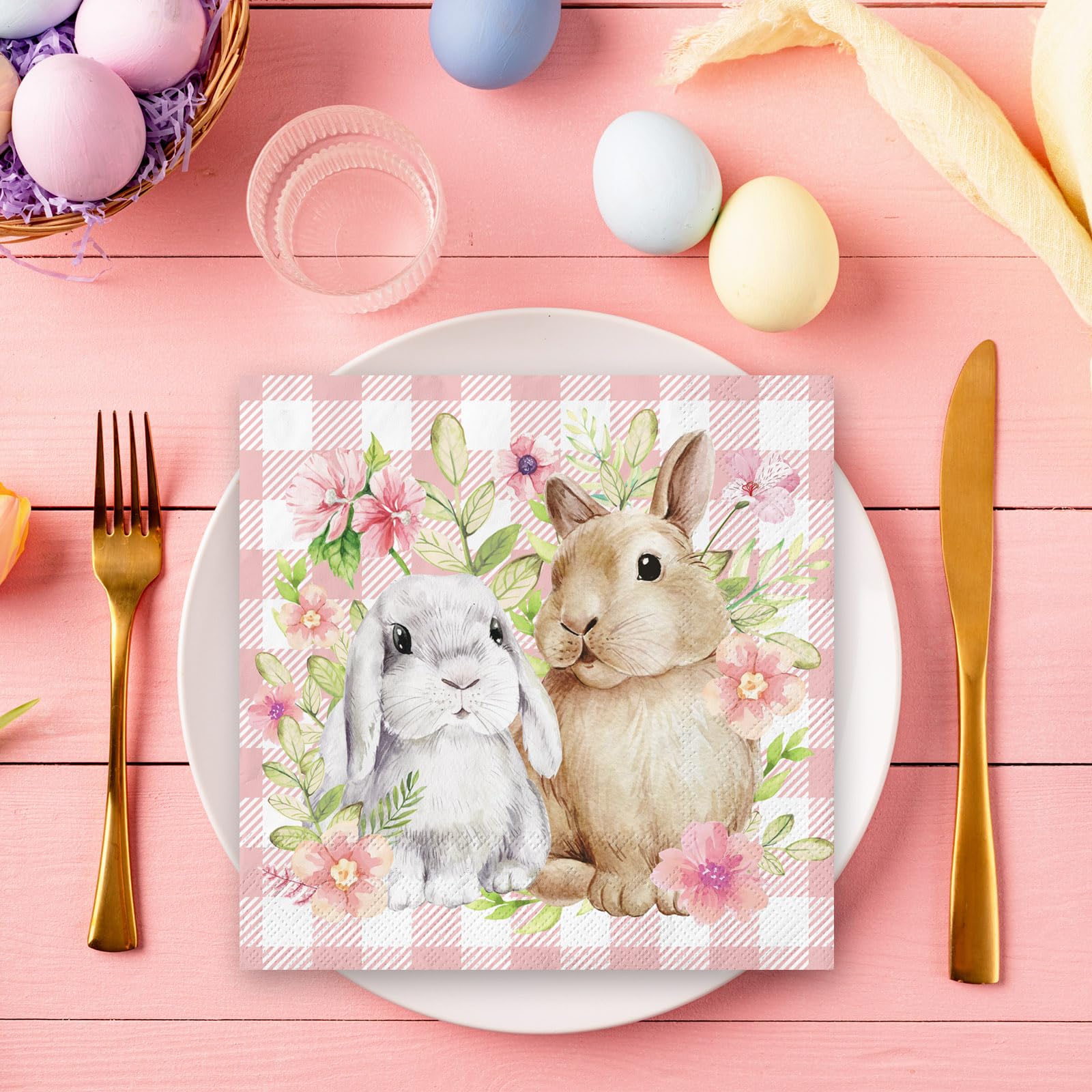 Servilletas De Papel De Pascua - Pack De 50 Unidades Con Diseño De Conejo Y Acuarela Verde, 33x33 Cm Desplegadas