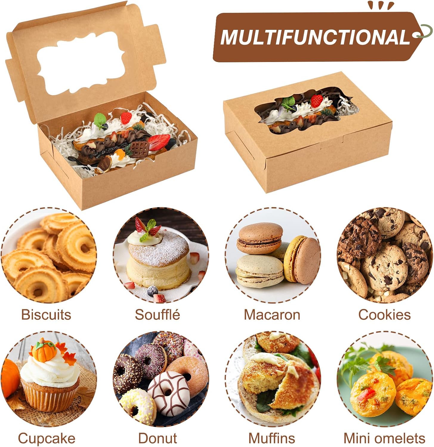 TOMNK 48pcs 8x6x2.5 Inches Cookie Boxes Bakery Boxes with Window Brown Treat Boxes Pastry Boxes Dessert Boxes for Chocolate Strawberries Muffins Donuts and Party Favor (3 Style Windows)