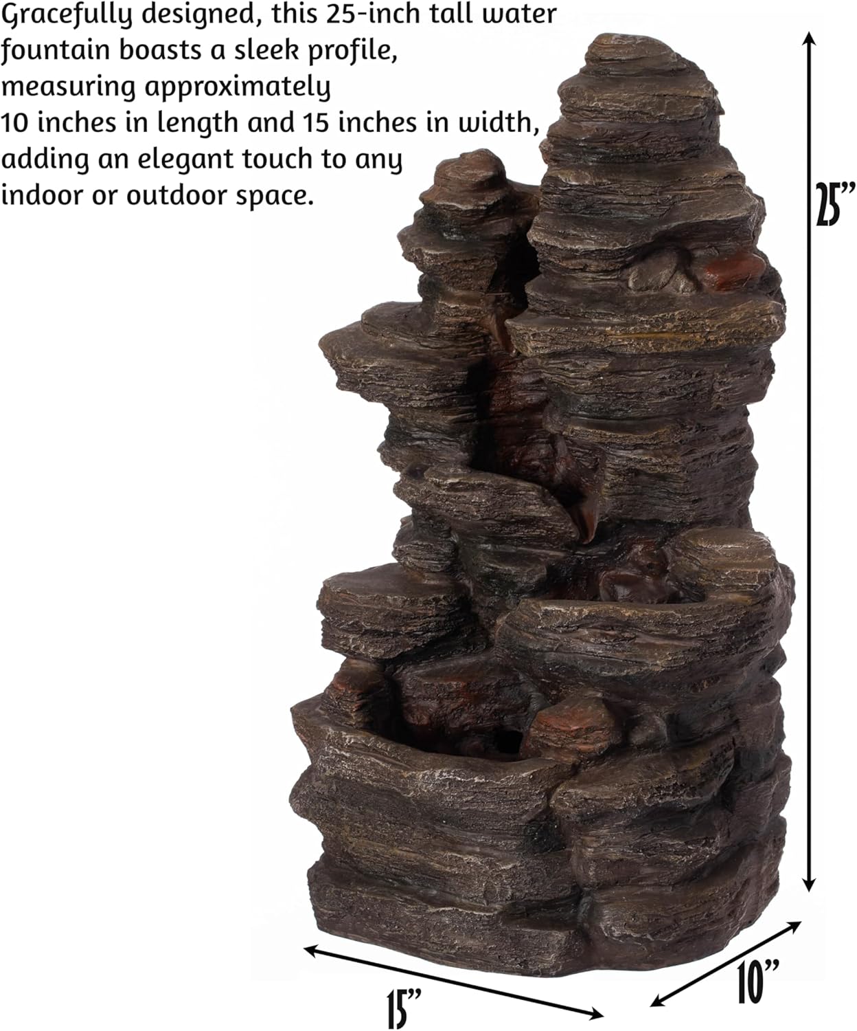 Cascading Electric Powered 4-Tier Rock Water Fountain with LED Lights 24" for Indoor and Outdoor Use