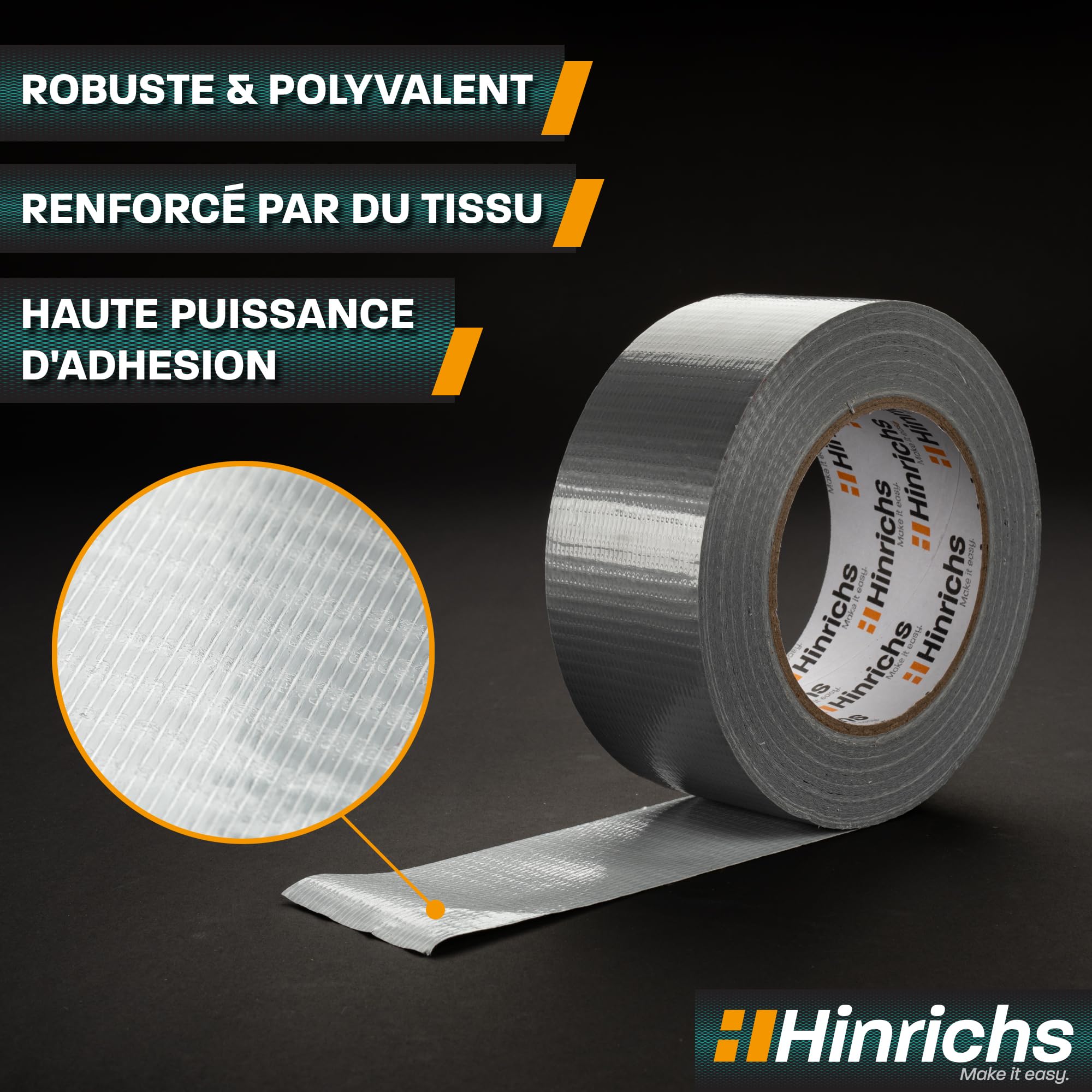 Hinrichs Ruban Adhésif Argenté – Lot de 4 Rouleaux de Gros Scotch 50 m x 50 mm – Scotch Renforcé Ultra Résistant – Duct Tape Imperméable – Ruban Gaffer Argenté pour Intérieur et Extérieur