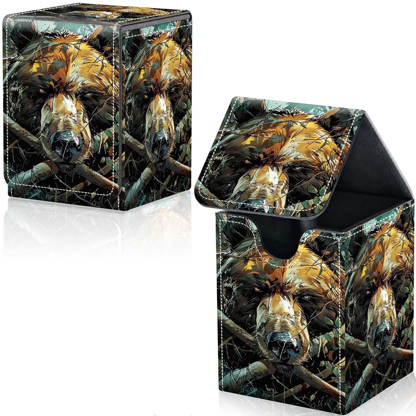 Qindaiwen Card Deck Box for Trading Cards, MTG Deck Box Fits 100+ Single Sleeved Cards, PU Leather Strong Magnet Card Deck Case Holder for Magic Commander TCG CCG, Grizzly Bear