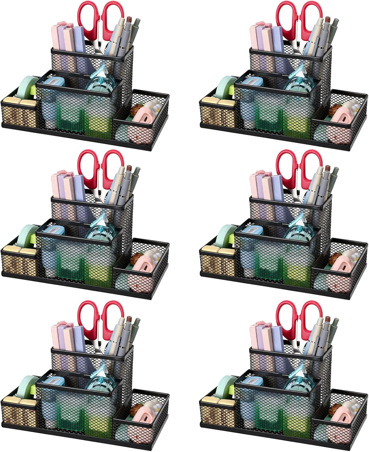 6Pcs Desk Organizer Pen Holder, 4-Compartment Mesh Caddy, Office Supplies