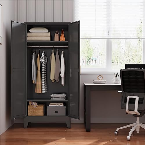 Miniatura 6 de Armario de metal Guardarropa Closet con Barra para Colgar, 71'' Gabinete Guardarropa de Metal con 2 Puertas y 2 Estantes Ajustables, Armarios de