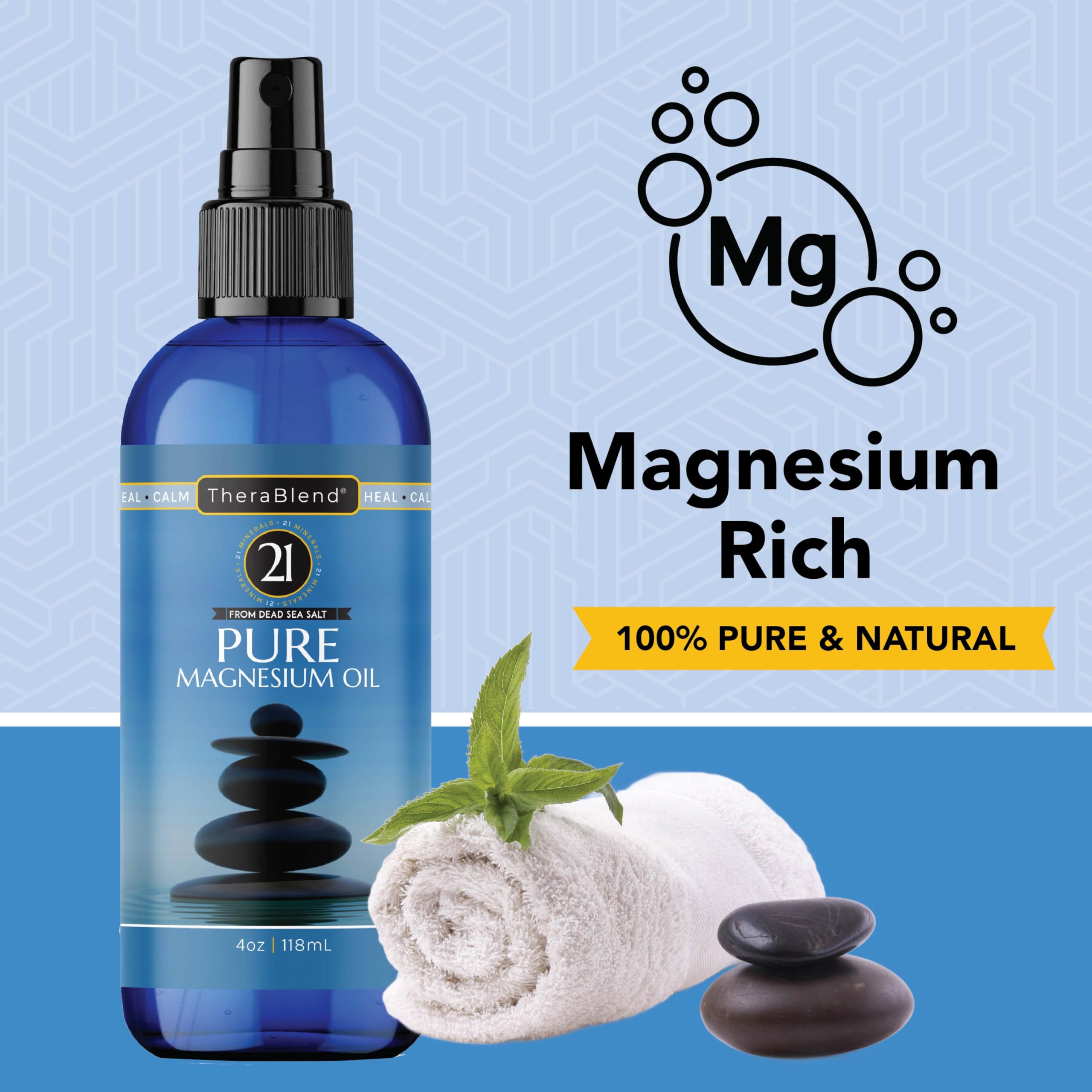 Magnesium Spray 4oz, Pure Magnesium Oil Spray, 21 Essential Minerals, Sodium, Potassium, Calcium, Magnesium Oil for Feet, Easy to Use Topical Magnesium Spray, USP Grade Spray Magnesium 113g
