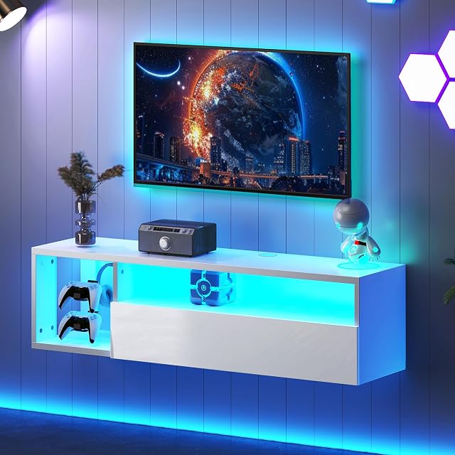 SogesHome 39.3 mur flottant de pouce TV Cabinet Stand avec LED Lumières murales TV Stand avec plateau de rangement Modern Entertainment Center Media Console Table pour le salon,Chambre
