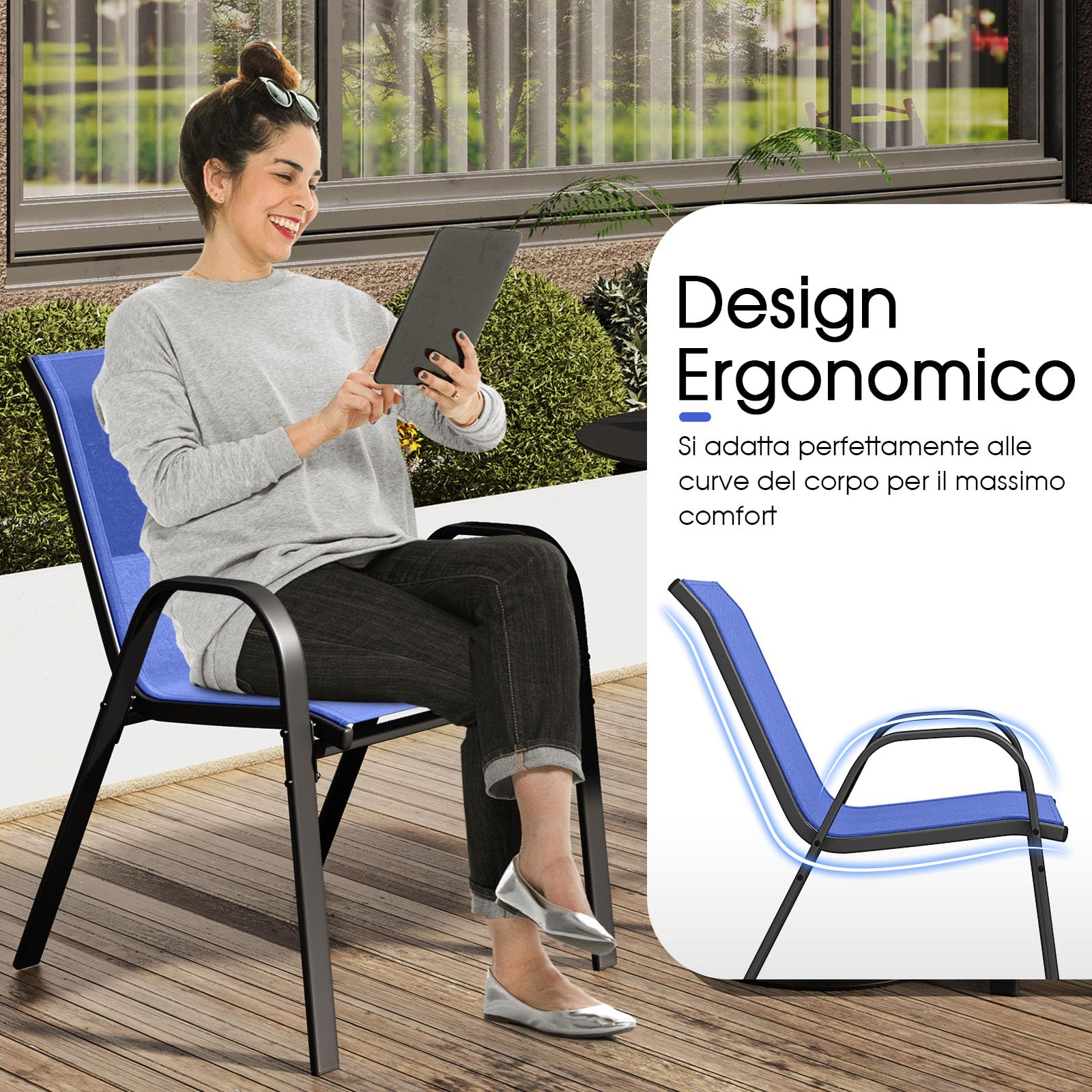 GYMAX Set di 2/4 Sedie da Giardino Impilabili con Tessuto Resistente alle Intemperie, Poltroncine da Esterno in Metallo per Giardino, Cortile, Portata 150 kg, 56 x 70 x 84 cm (Blu, 4 Pezzi)
