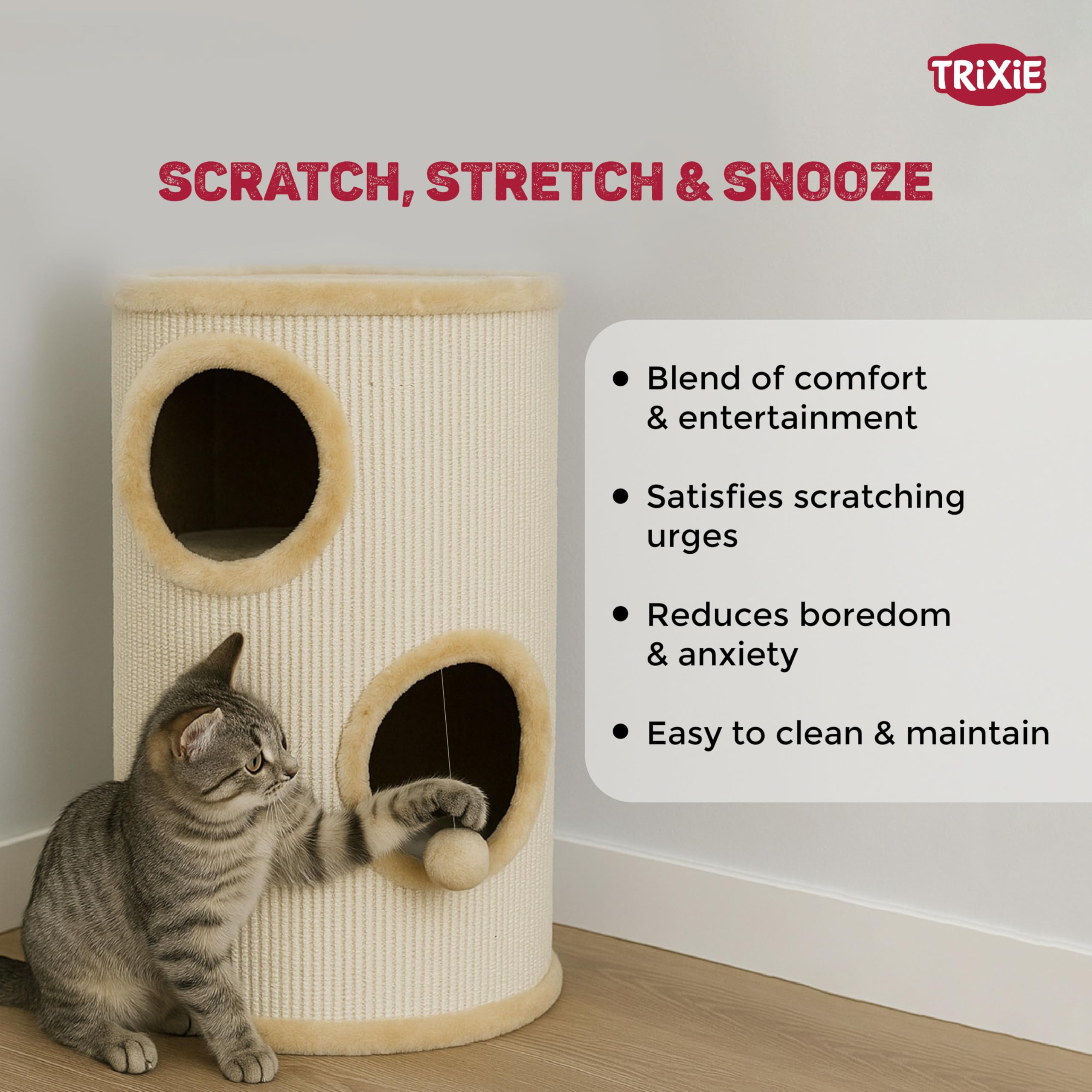 TRIXIE Kratztonne für Katzen Samuel 70 cm in natur/beige – dreistöckige Katzentonne mit gepolsterter Liegefläche und Spielball, gemütlich & stabil – 4330