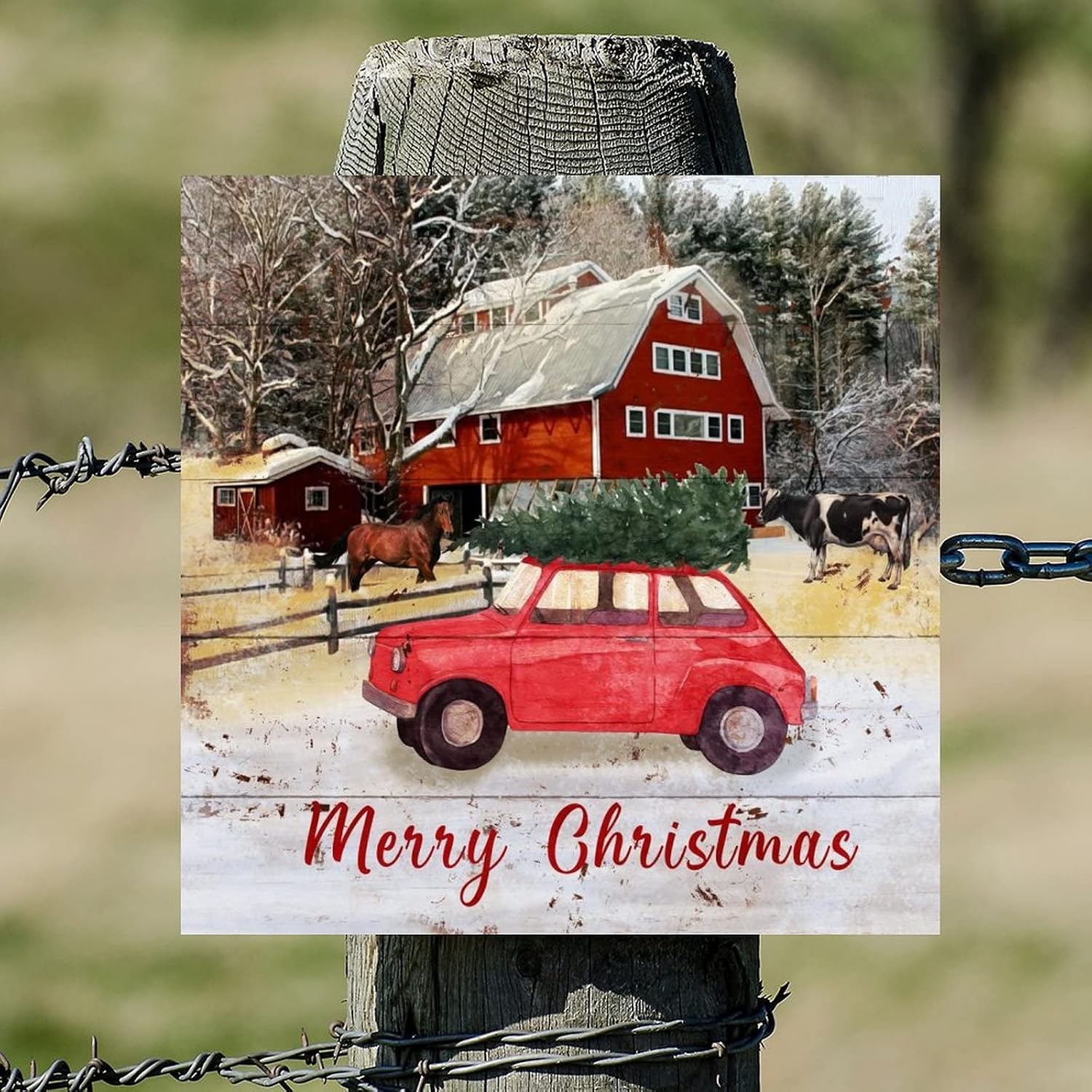 Merry Christmas Farm Barn Wooden Sign Farm Horse Cow Red Truck Wood Plank Hanging Sign Vintage Christmas Is Coming Wall Art Hanging Decoration For Laundry Room Bathroom Bedroom Home 16x16in