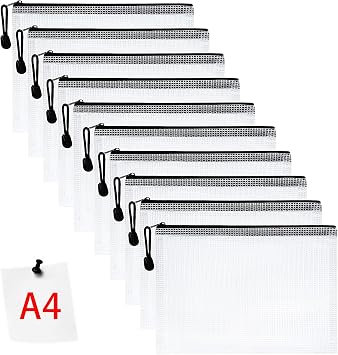 Vicloon Plastic Wallets, 10Pcs A4 Plastic Pockets Zipper File Wallet, Zip Lock Bags Mesh Document Wallet Document Folders for School Office Homework Travel Storage Bags Black Zipper