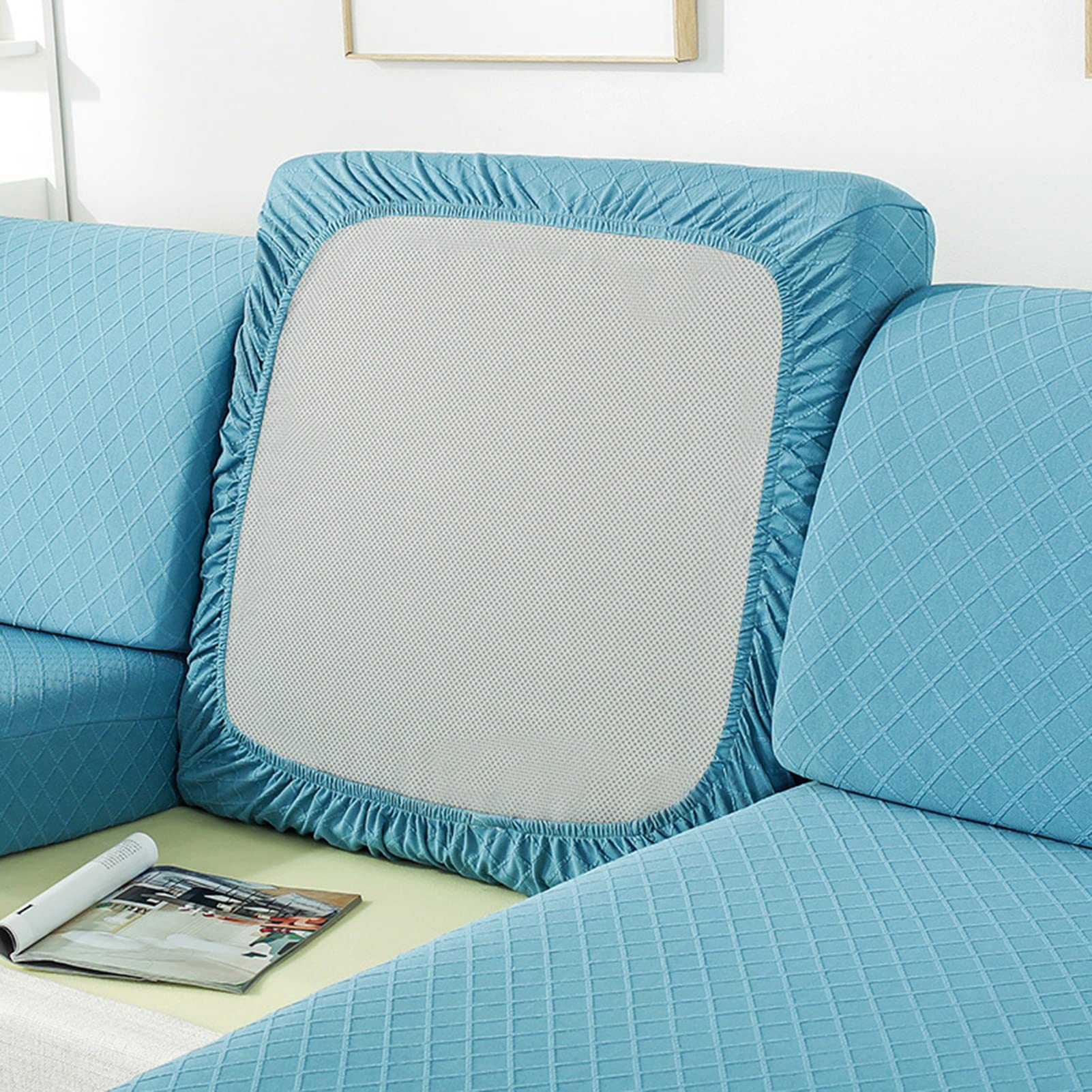 Housse de coussin de canapé grand 3 places extensible bleu jacquard