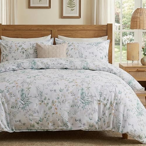 Miniatura 38 de Juego de funda de edredón tamaño Queen de 100% algodón, diseño floral vintage, juego de ropa de cama con cierre de cremallera y lazos de esquina, 3