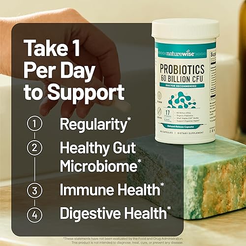Miniatura 9 de NatureWise Probióticos 60 mil millones de UFC, 17 cepas + prebióticos orgánicos, apoyo para la salud inmunológica, digestiva e intestinal para