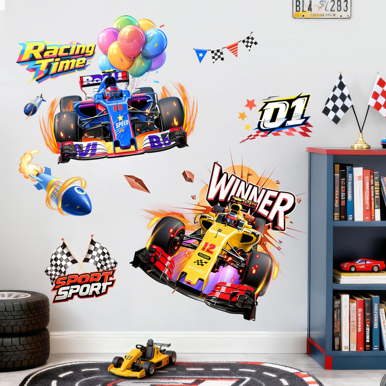 Supzone Large Racing Car Wall Stickers Speeding Racing Car Peel and Stick Wall Art Decals for Boys Kids Bedroom Playroom Decor