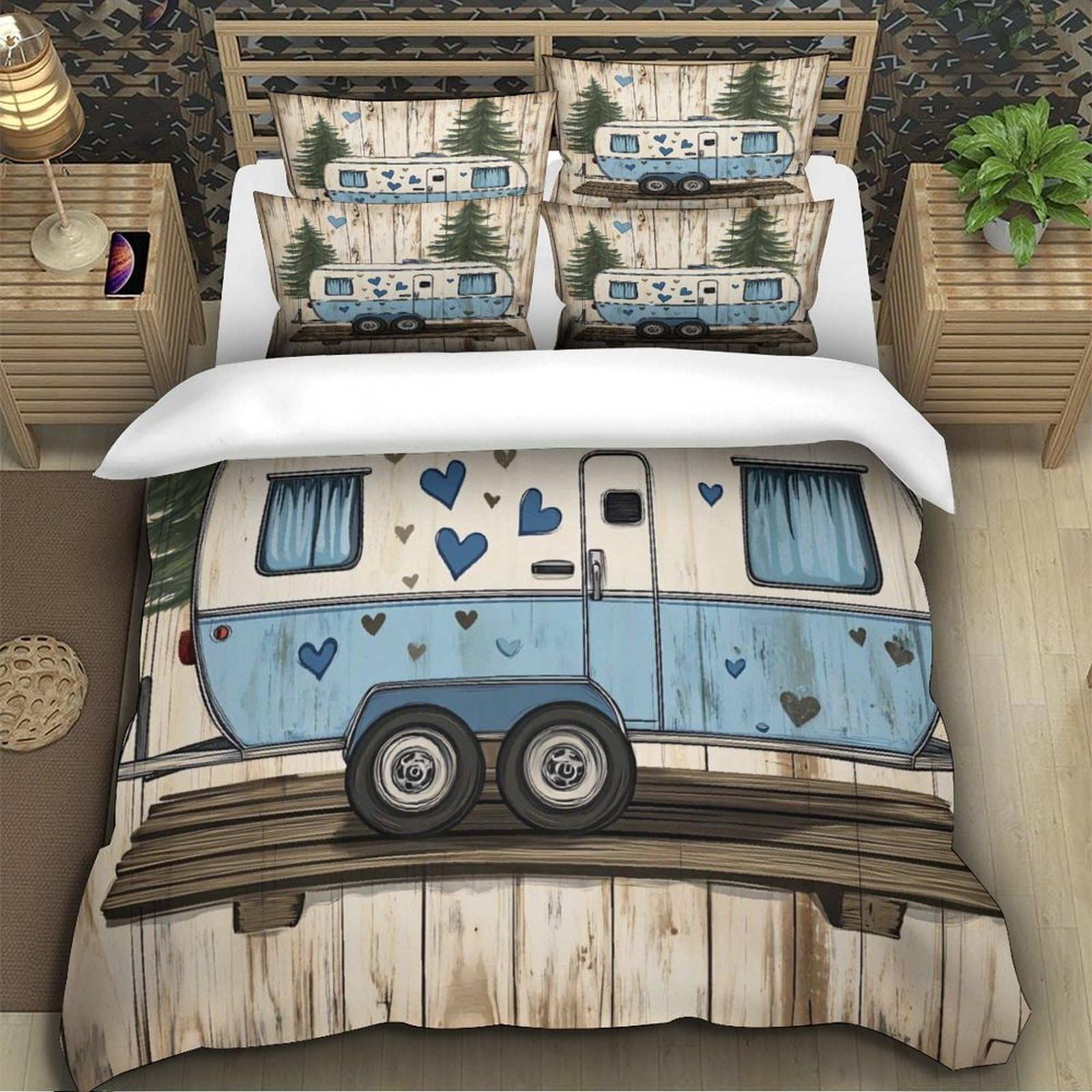 Vintage Camper Funda Edredon Juego de Ropa de Cama de 3 Piezas Impresión 3D Cierre de Vintage Camper Arte Estilo Funda de Edredón Funda de Almohada a Juego for Ancianos Super King（260x220cm）