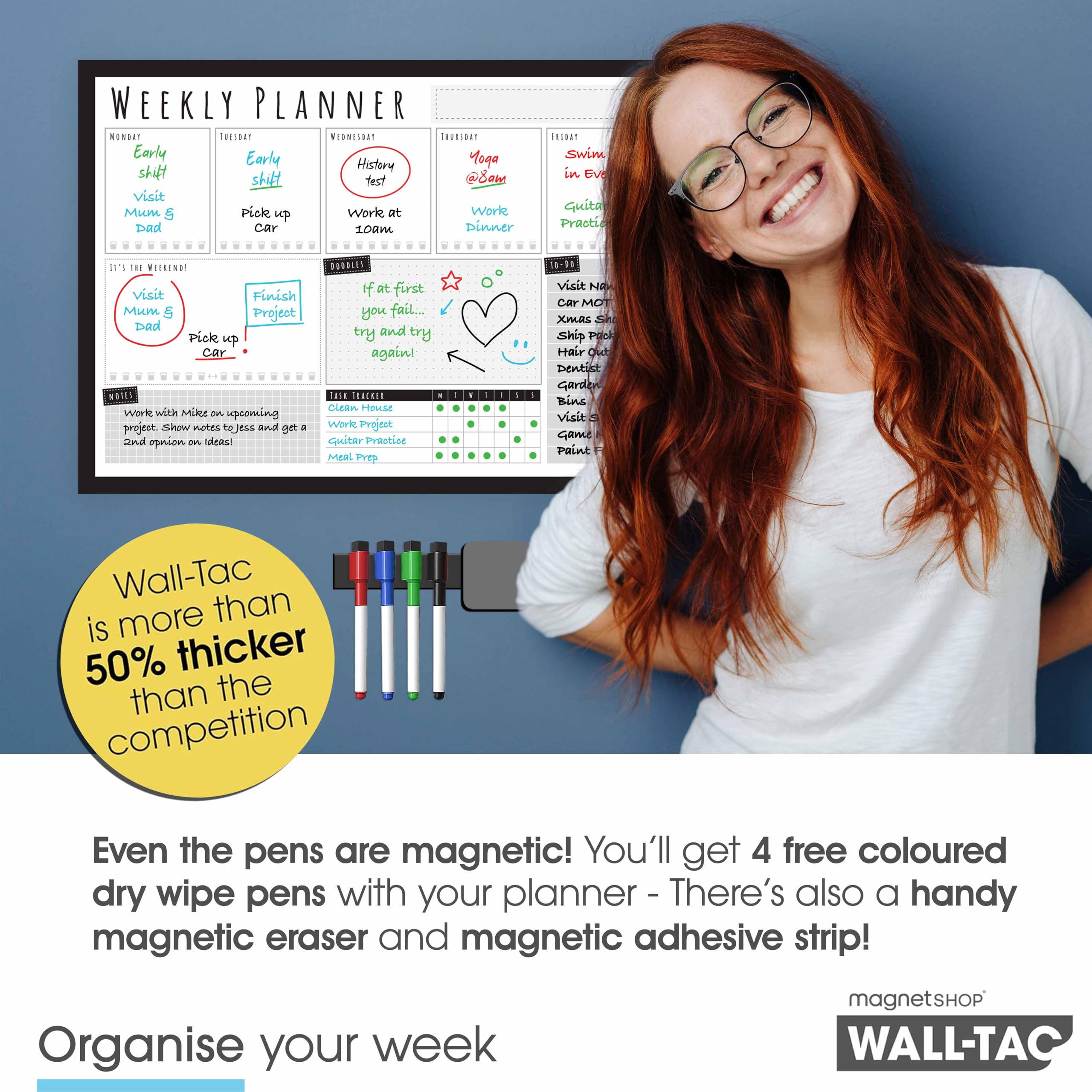 WallTAC Organizador semanal de pared (420 x 297 mm) | Pizarra blanca adhesiva y reutilizable | 4 rotuladores pizarra blanca y borrador incluidos