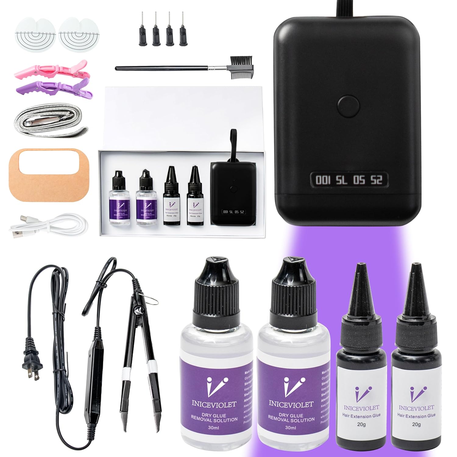 V Light Hair Extensions Kit – Portable Handheld V Light Machine with 6 LED Beads & Complete Set of Accessories: Extension Lamp, V Light Glue *2, V Light Removers *2, Remover Tool(Black)