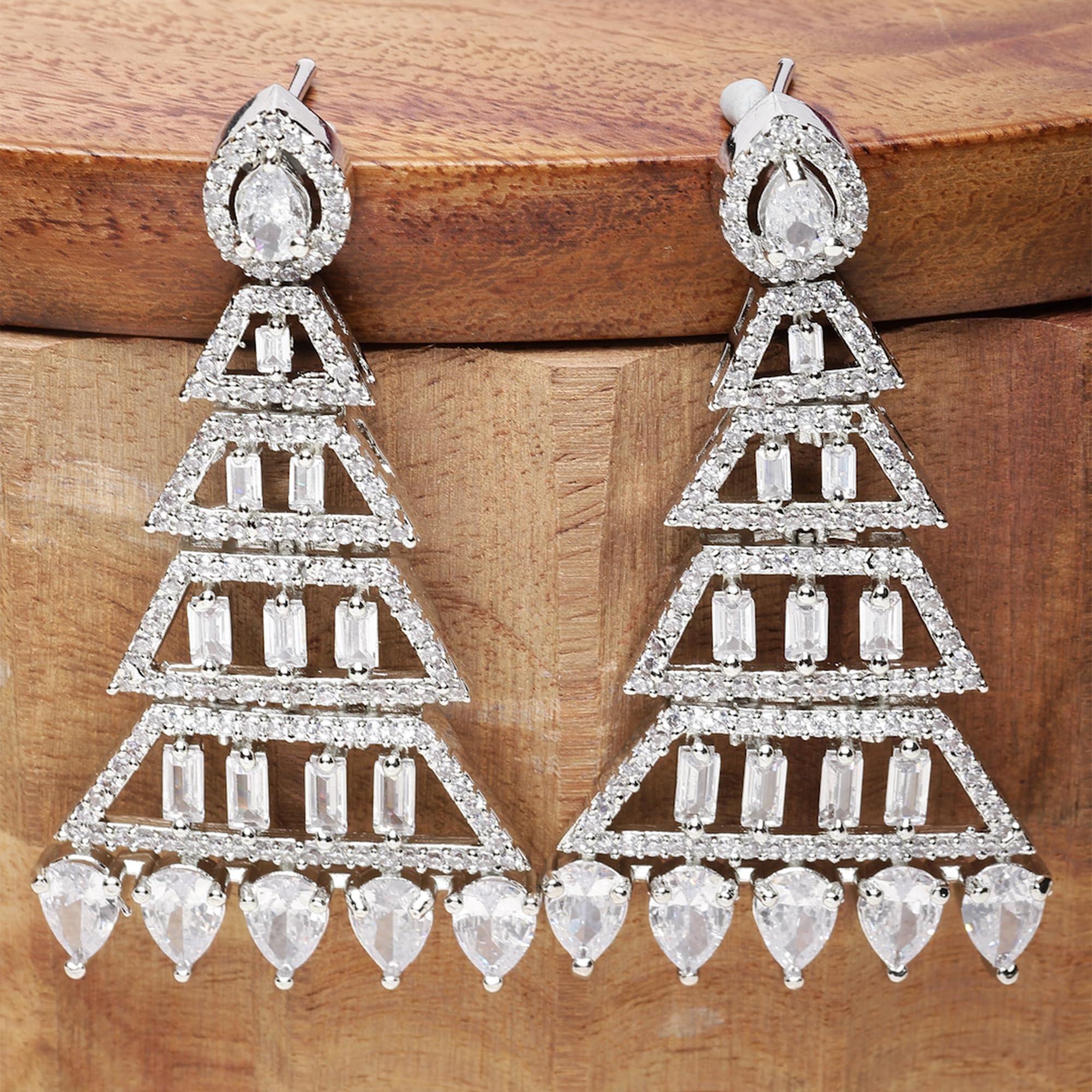 Rhodium Ptd Diamond Drop Earrings