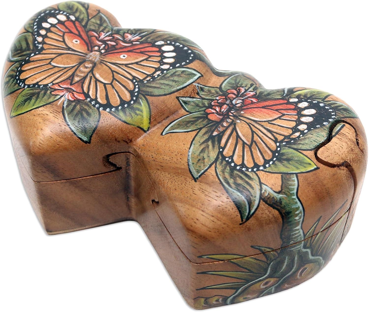 NOVICA Artisan Handmade Wood Puzzle Box Handpainted Double Heart Butterfly Multicolor Indonesia Decor Accessories Decorative Boxes [2.4in H x 5.5in W x 3.1in D] ' Twin Butterfly Hearts'
