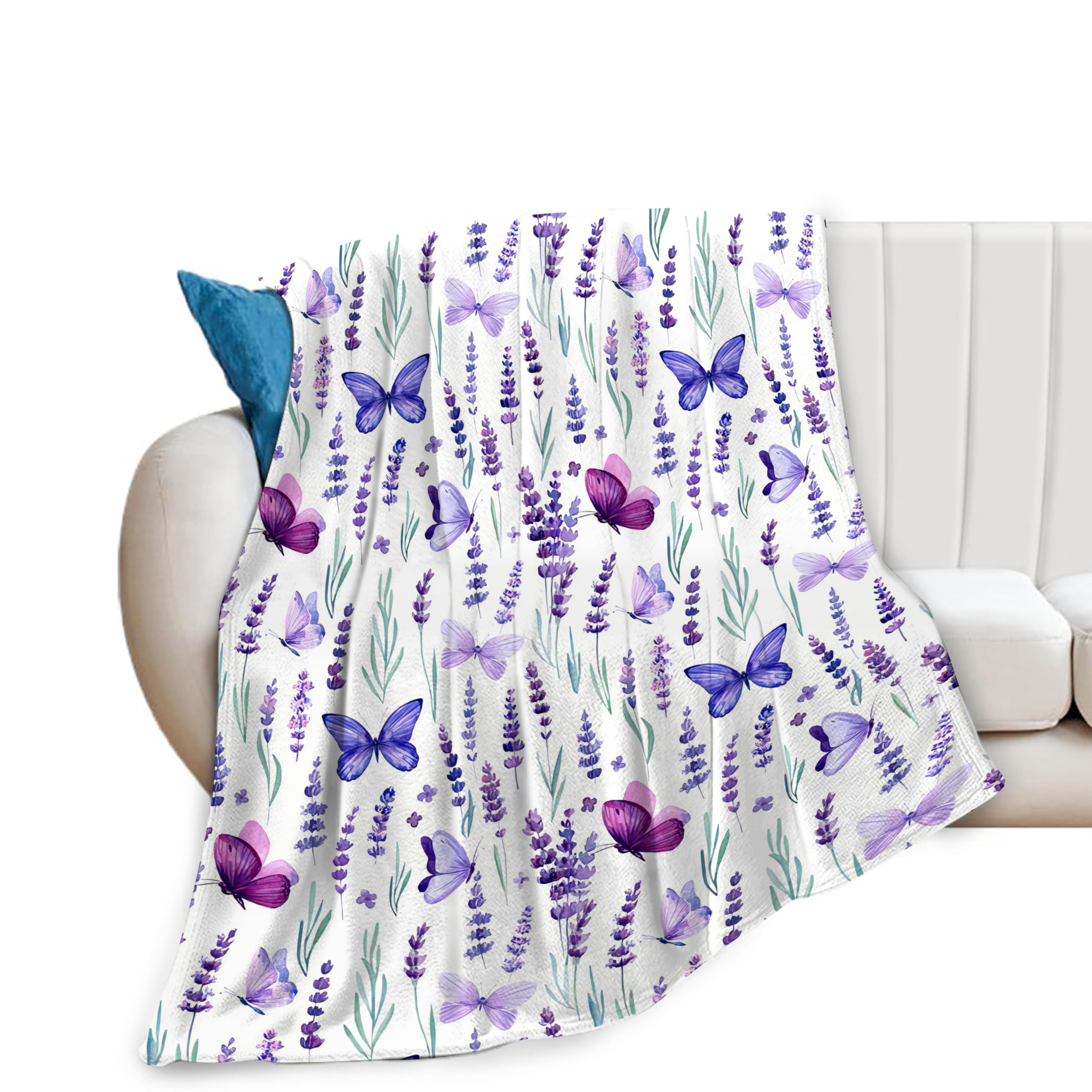 Lavender Blanket Purple Butterfly Throw Blanket Soft Fleece Flannel Bedding Lavender Gifts for Women Girls Lovers Adults Stuff Plush for Couch Sofa Bed Room Decor 50"X60"