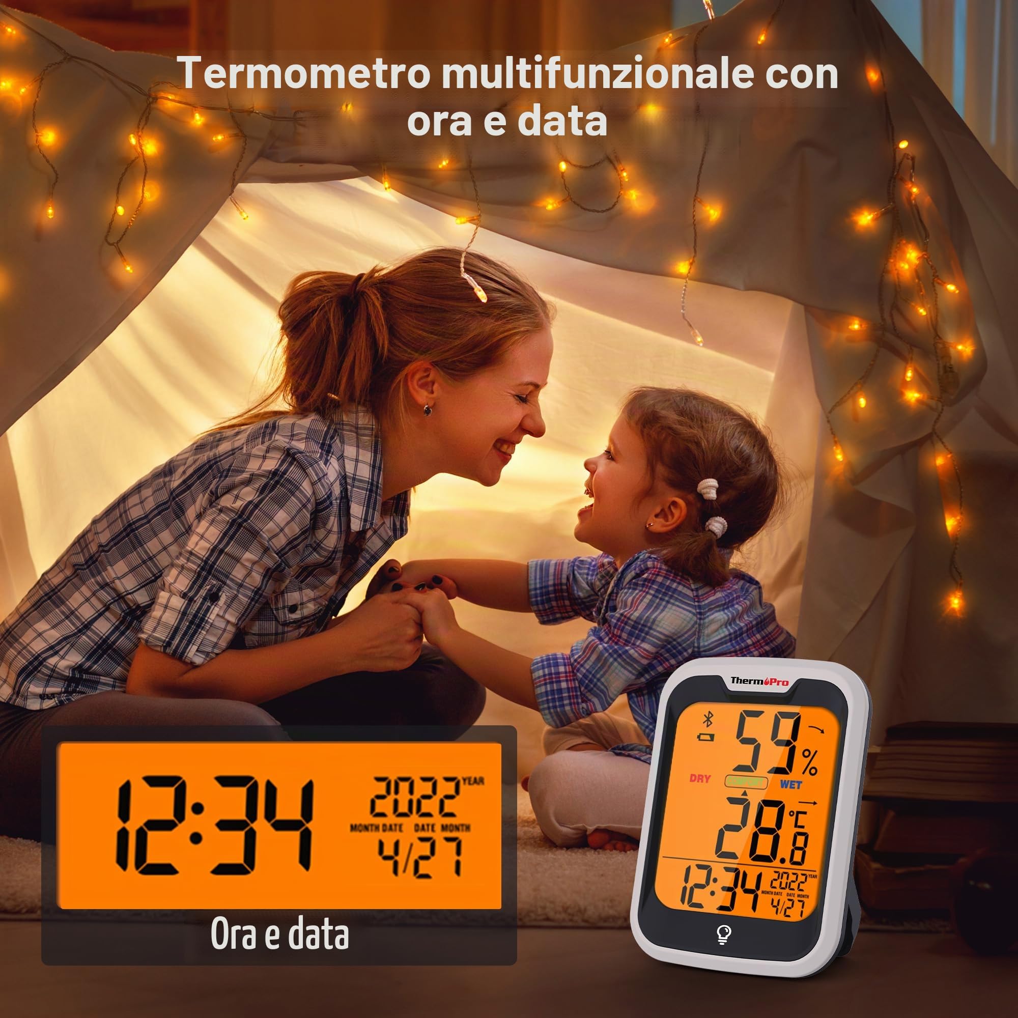 Thermopro TempPro TP358 Termometro Igrometro Bluetooth Interno Con Orologio Integrato, da 80m Retroilluminato con Controllo APP per Serra Domestica