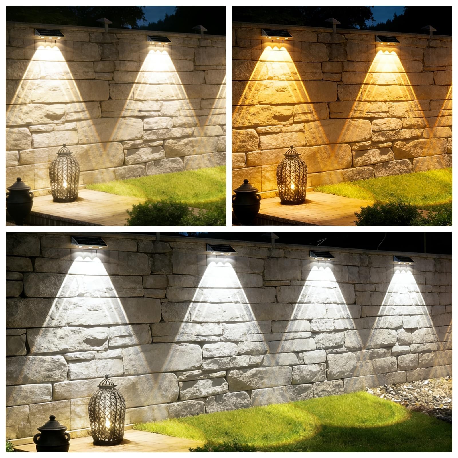 Luci Solare Muro Esterno Giardino, Lampada da Parete Solare, 3 Modalità di Temperatura del Colore, IP65 Impermeabile, Applique da Esterno Solari per Esterni Parete, Balcone, Recinzione, 4 Pezzi